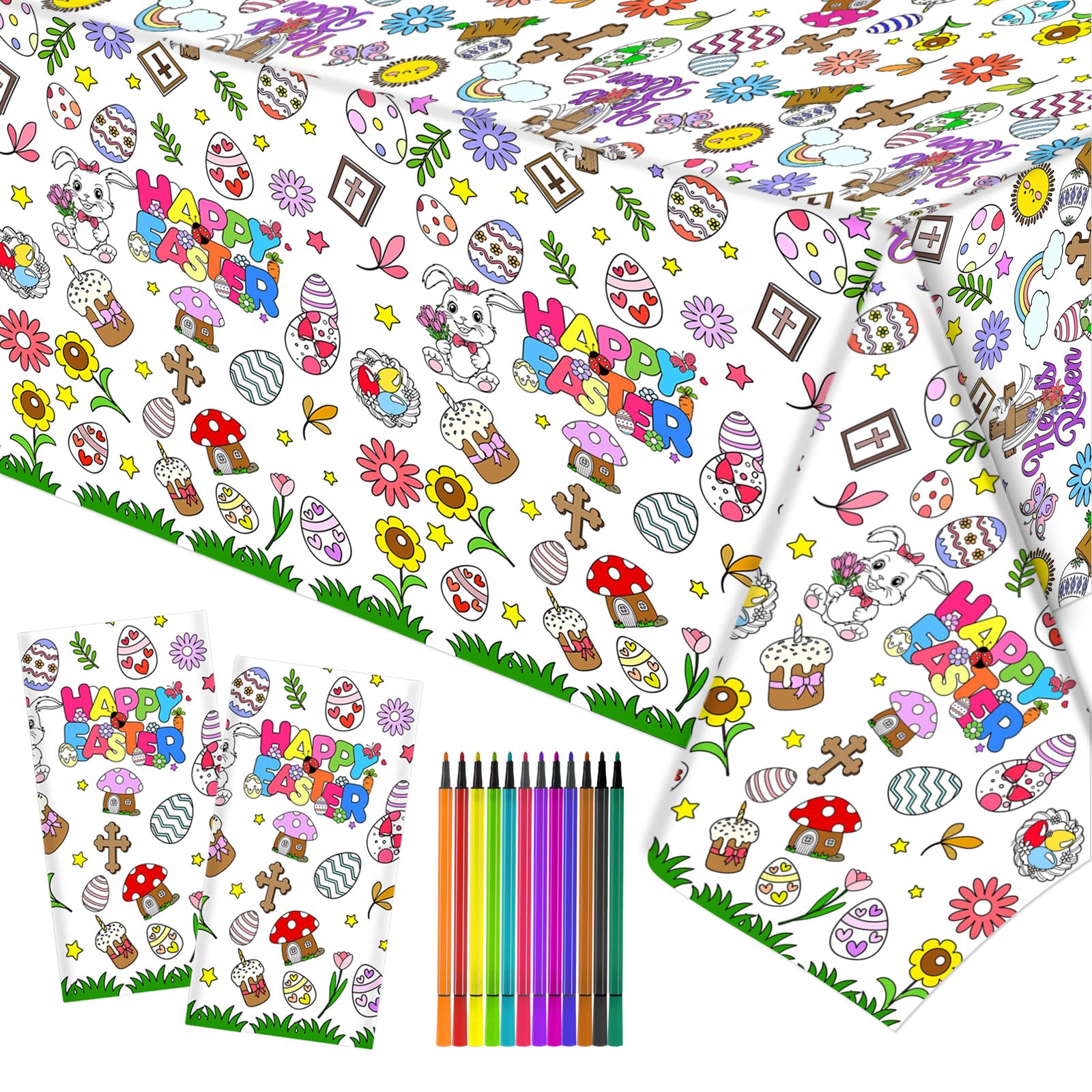 HOWAF 2pcs Happy Easter Coloring Tablecloth with 24 Paint Pens, He is Risen Coloring Table Cover for Kids Spring Easter Party Game Activities, Easter Bunny Eggs Religious Color in Paper Table Banner