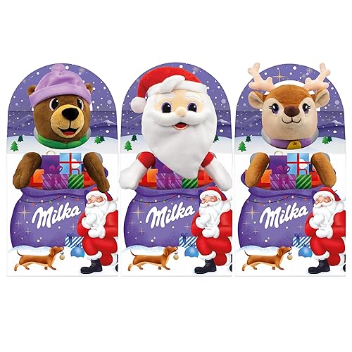 Immagine del prodotto Milka, peluche di natale disponibile con 3 personaggi e deliziosi cioccolatini al latte milka, latte alpino 100% cacao sostenibile, 96g di tenero cioccolato Milka.