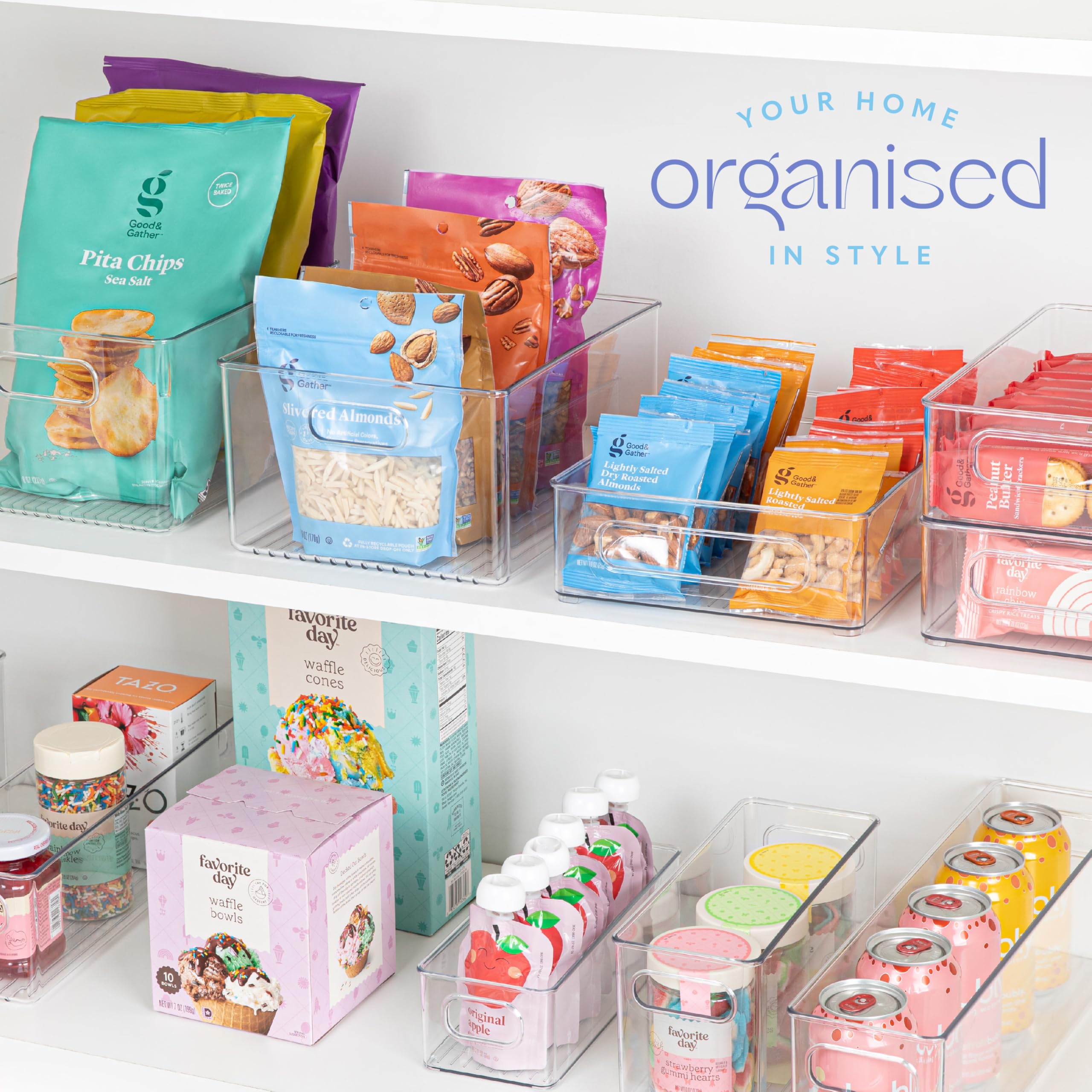 Contenedor de plástico transparente para almacenamiento de alimentos, paquete de 2 contenedores con asas para organizar cocina, despensa, refrigerador, congelador, despensa, armario, baño. Apilable