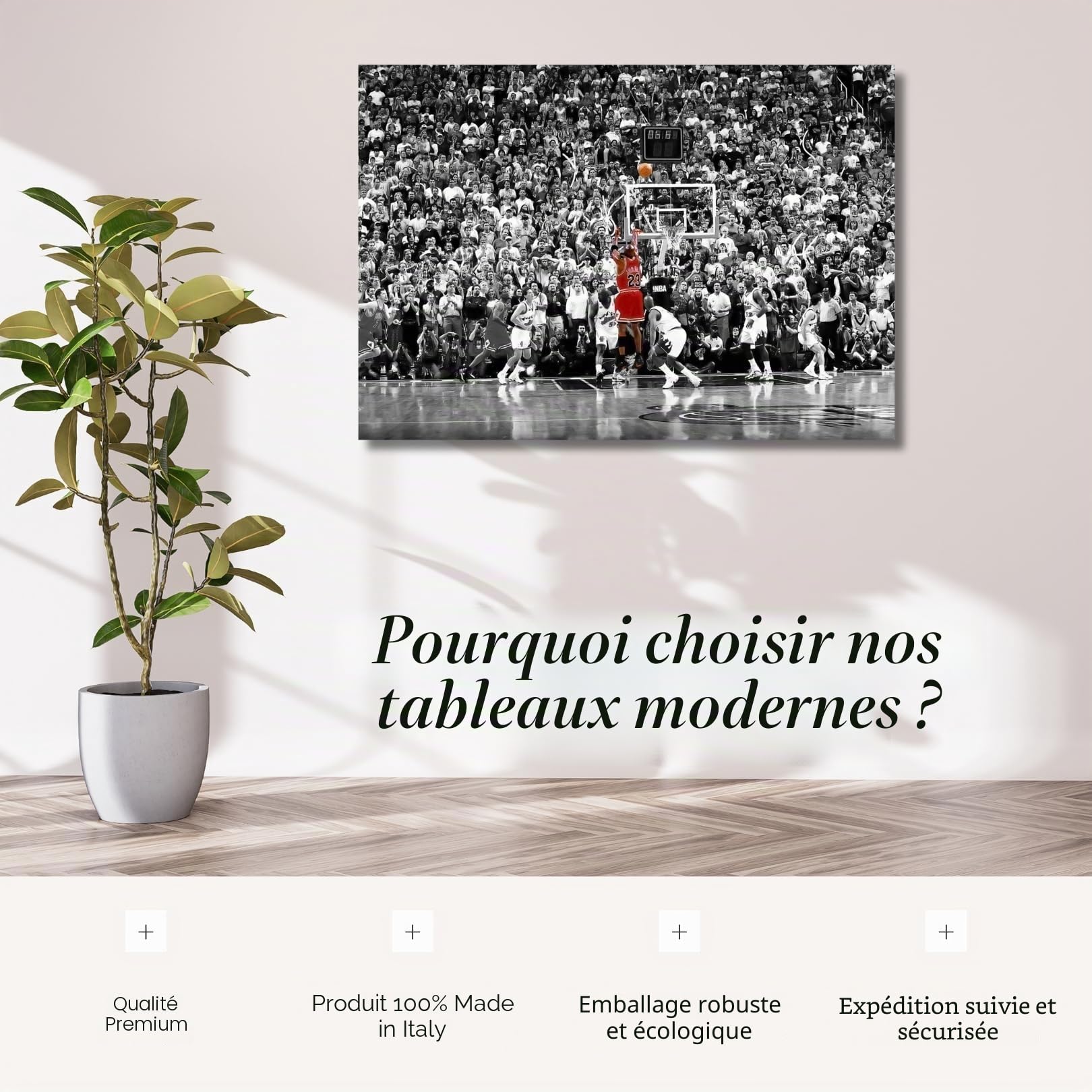 canvashop Peinture Michael Jordan 50x35cm Last Shot Image sur Toile Blanc et Noir Imprime Murale Moderne Salon