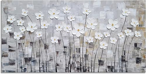 Miniatura 3 de YHSKY ARTS Lienzo floral pintado a mano en azul y blanco con textura pesada, cuadros abstractos modernos de flores, obras de arte contemporáneas