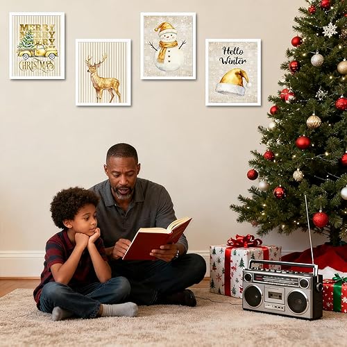 Miniatura 2 de JINYO Juego de 4 impresiones artísticas doradas de Navidad, decoración retro de Navidad, muñeco de nieve de Navidad, sombrero de Papá Noel, camión,