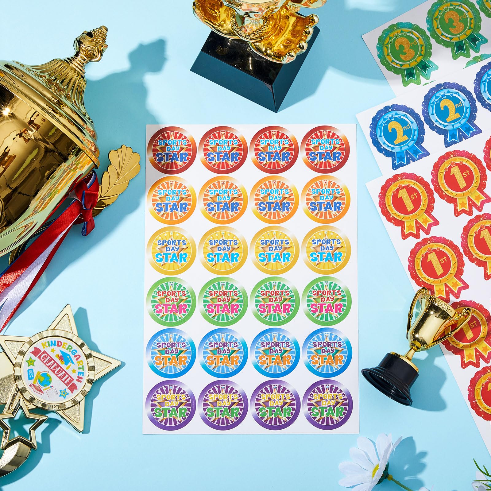 Tenare 600 Pcs Sports Day Stickers for Kids Star & 1st 2nd 3rd Participation Rosette Award Stickers for School PE for Events Competitions and Classroom Rewards(Word) - Image 2