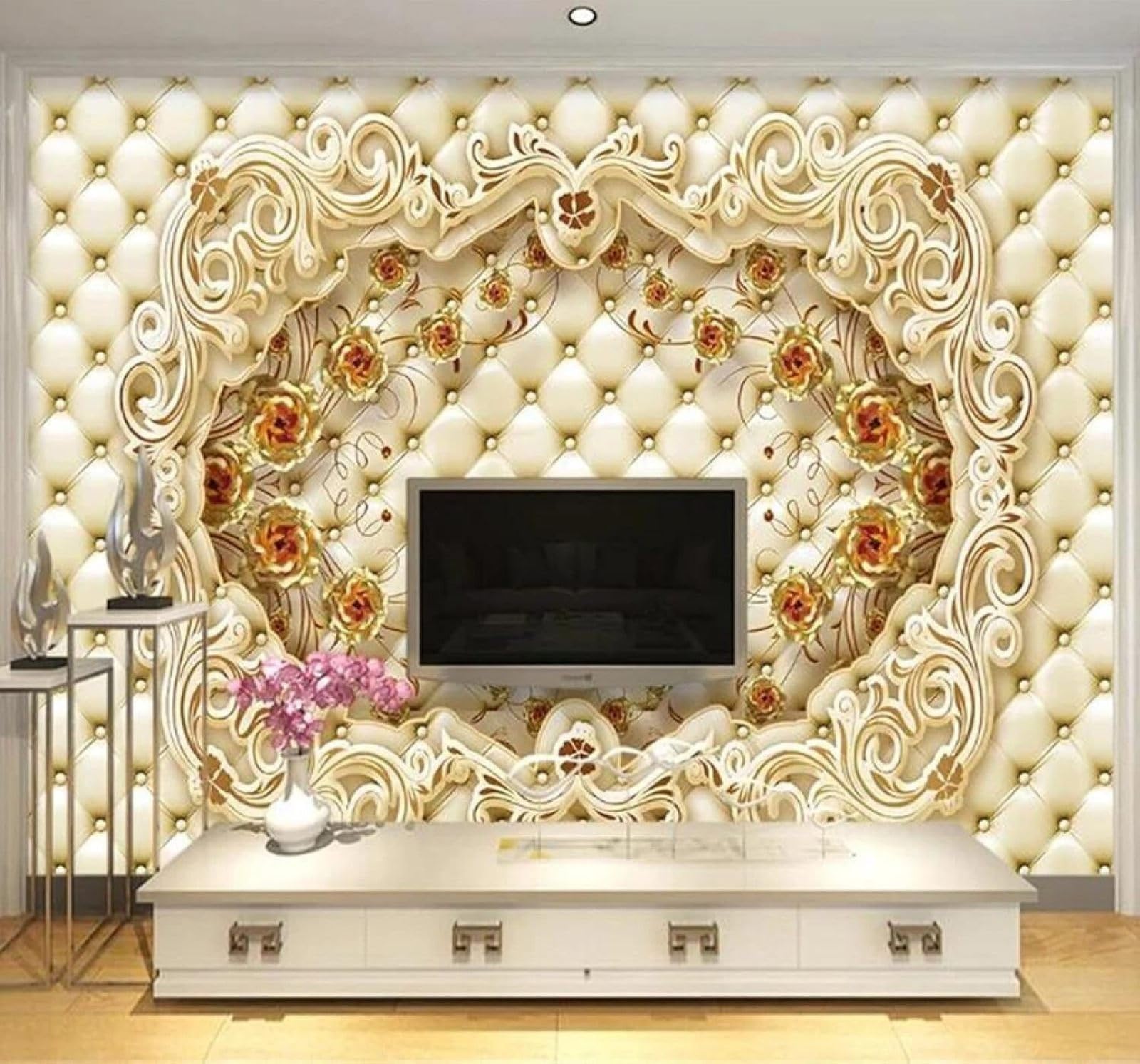 Xlming 250Cm×170Cm(B×H) Creative Luxurious Gold Roses Upholstered 3D Wallpaper Luxury Home Dining Decor Paste Sofa Living Room The Wall For Bedroom Mural-250Cm×170Cm