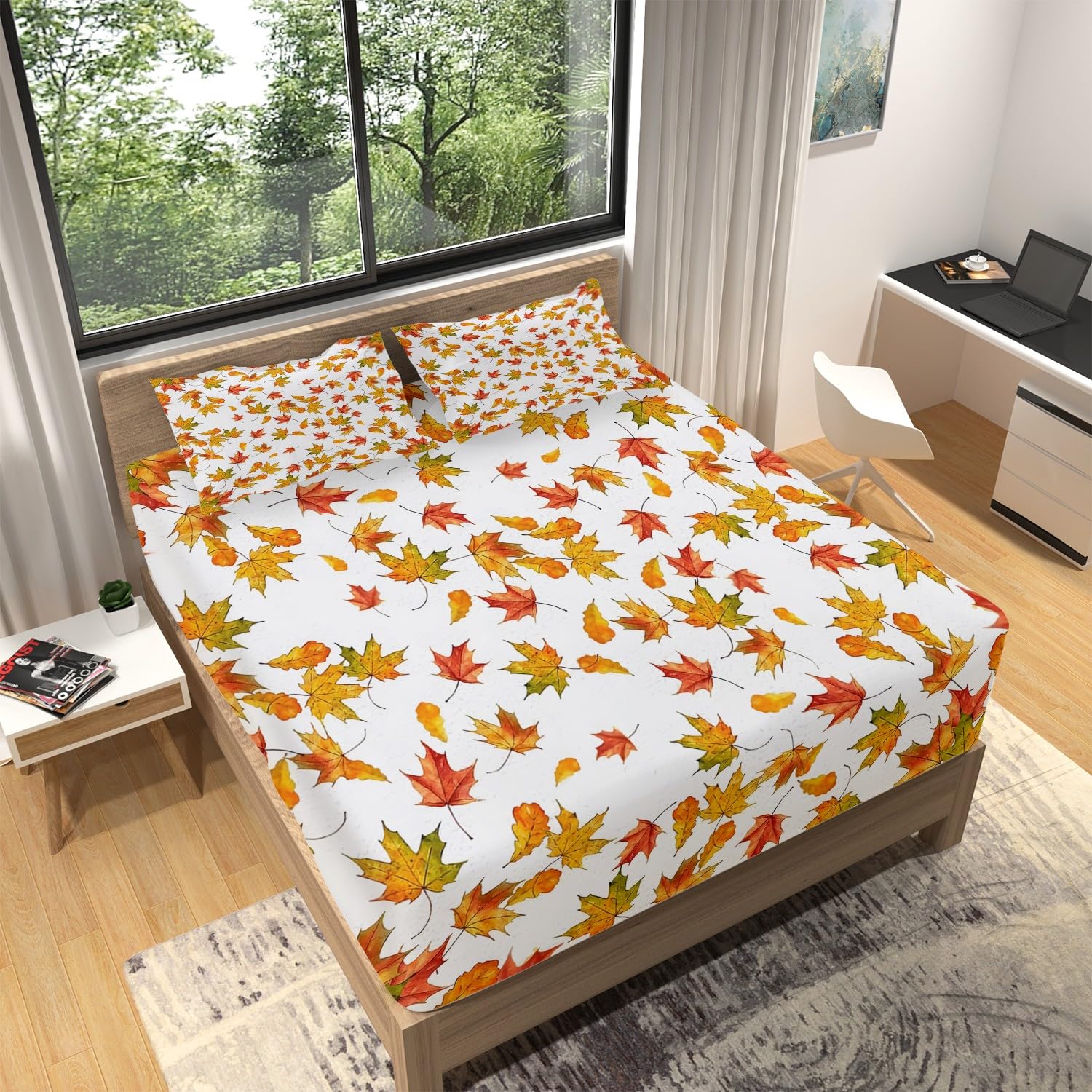 Lenzuolo Con Angoli Matrimoniale 160x200 Cm – Stampa Foglie Verdi 3D, Microfibra Traspirante, Con 2 Federe 50x80 Cm