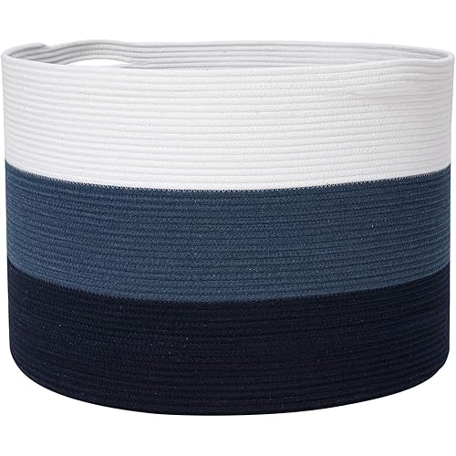 24" x 24" x 17" Max Size Large Cotton Rope Basket, Extra Large Storage Basket, Woven Laundry Hamper, Toy Storage Bin, for Blankets Toys Pillows in Living Room, Baby Nursery, Dark Blue/Deep Blue
