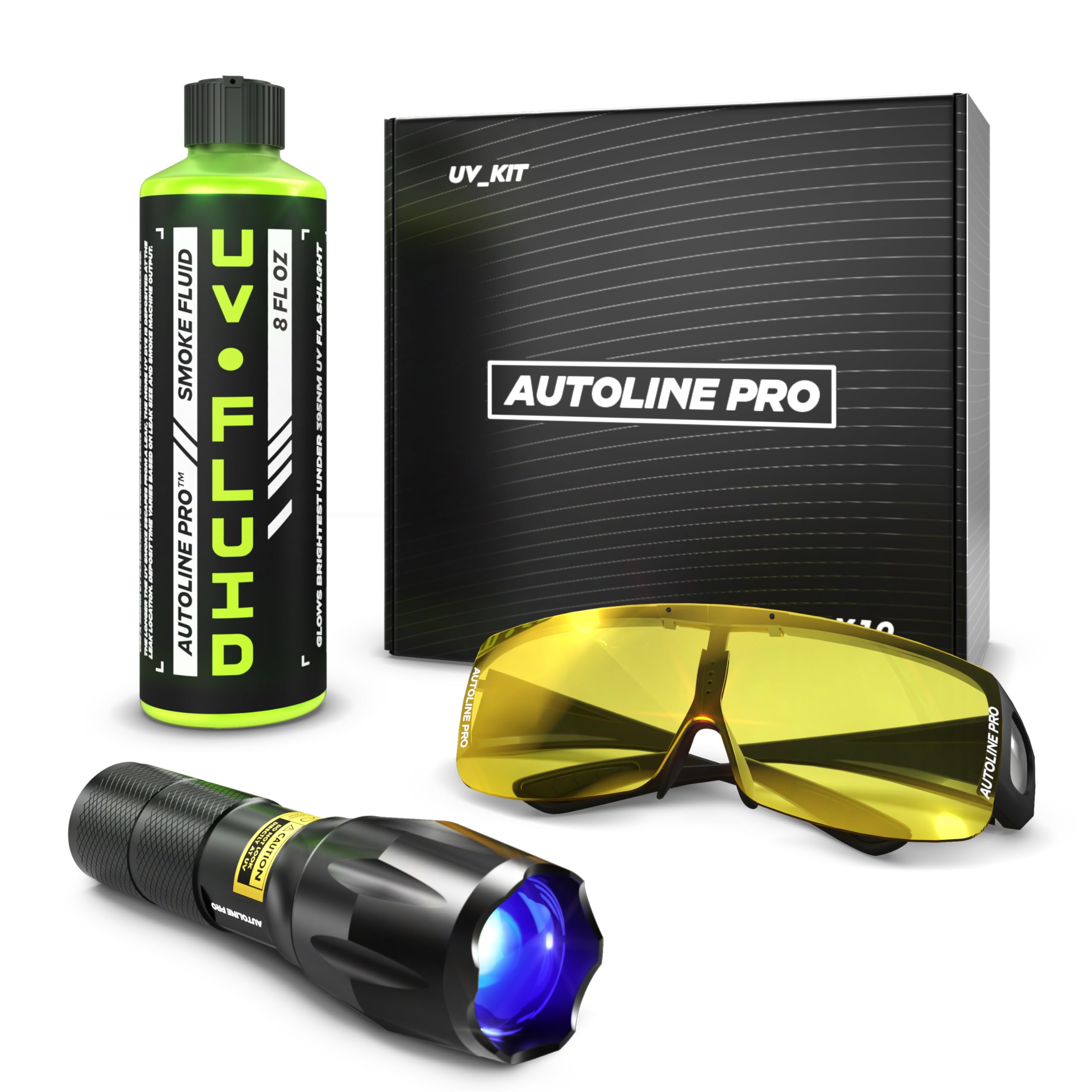 AutoLine Pro UV KIT for Smoke Machine Leak Detection with Brightest & High Smoke Density UV Fluid, UV Premium Adjustable Goggle, and 395nm WAVELENGTH Ultraviolet UV Flashlight for EVAP Vacuum leaks