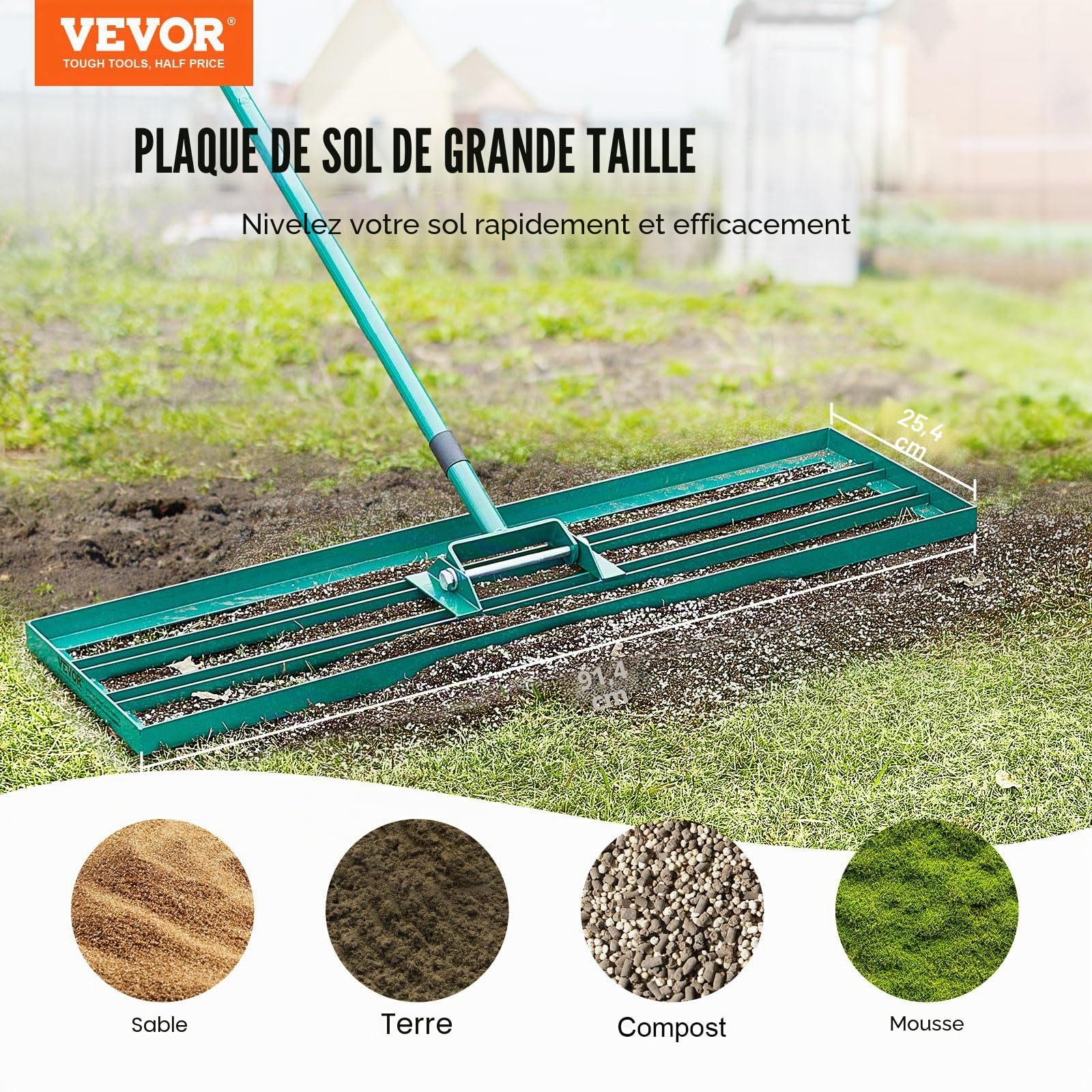 VEVOR Râteau de Nivellement de Pelouse 914x254 mm Raclette à Gazon Manche en Acier 1981 mm Plaque de Base Alliage Aluminium Râteau Niveleur de Pelouse Robuste pour Terrain Cour de Golf Jardin Champs