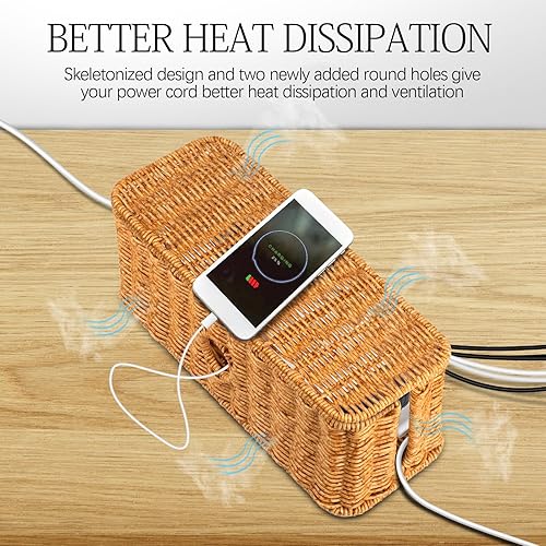 Miniatura 7 de Caja organizadora de cables de ratán, caja organizadora de cables tejida a mano, 4 ranuras abiertas, caja oculta debajo del escritorio, gestión de