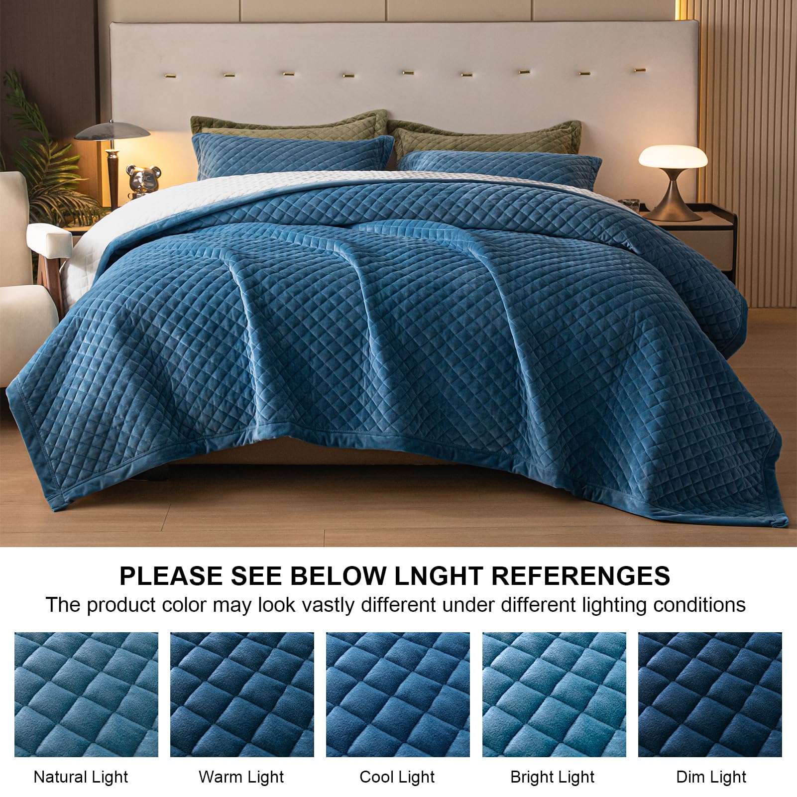 tohrisa 3-teiliges Bettwäsche-Set aus Samt für King-Size-Bett, ultraweiche Bettwäsche mit 2 Kissenbezügen, leichte, wendbare Tagesdecke mit karierter Steppung für alle Jahreszeiten, Königsblau/Weiß,