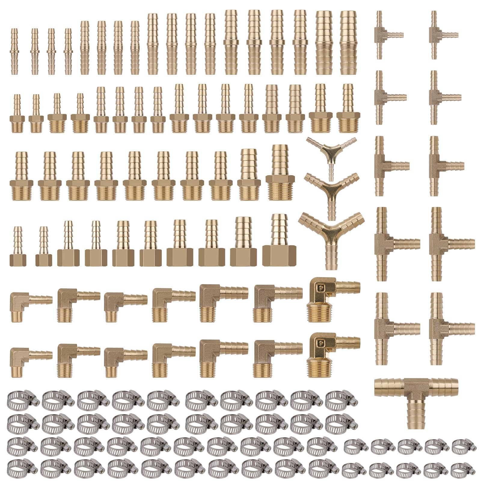KOOTANS Kit surtido de 132 accesorios de latón para manguera de manguera, empalmador de púas, acoplador macho, adaptador hembra, codo macho de 90°, T, accesorios de manguera de aire en forma de Y con