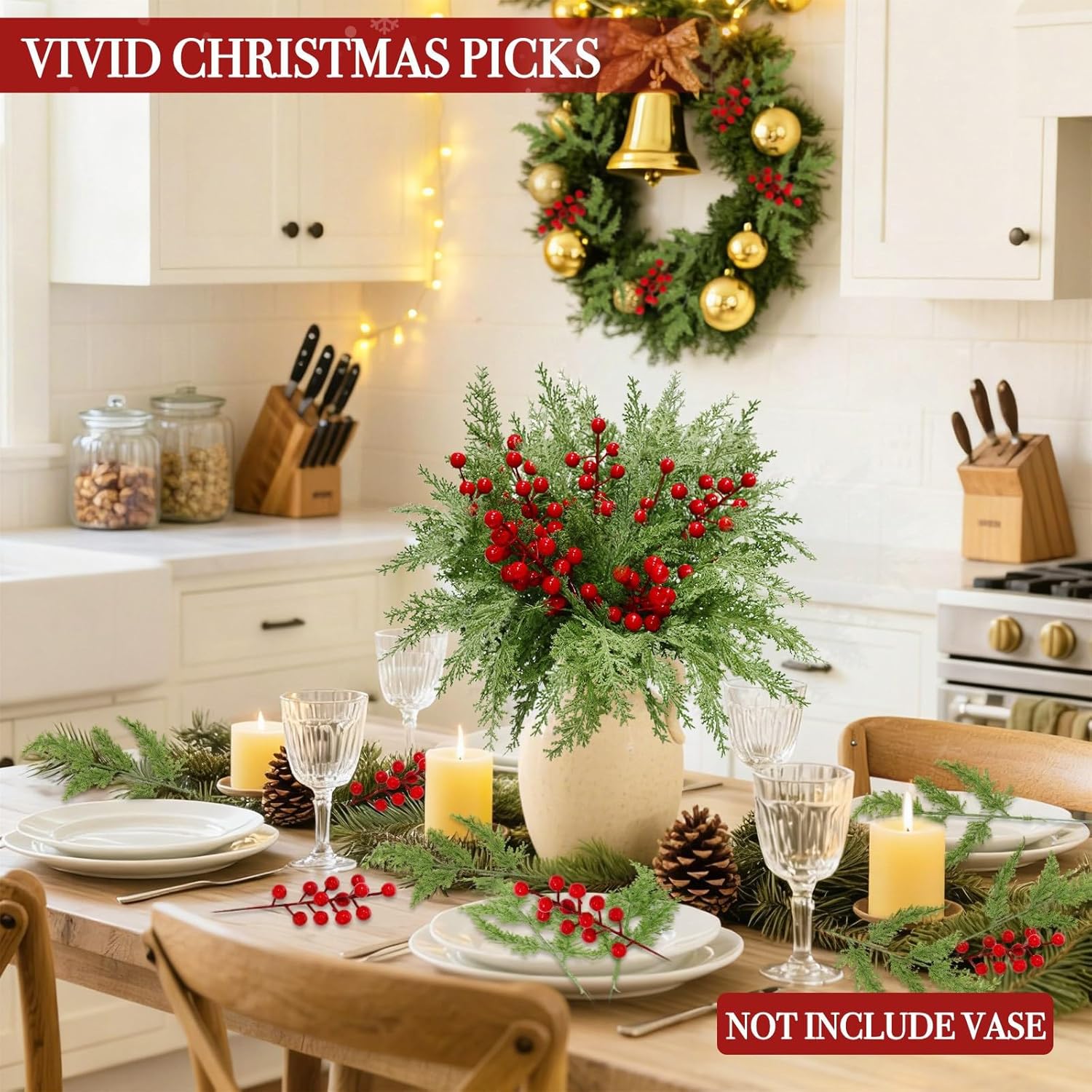 55 Pcs Artificial Christmas Flowers, 12" Faux Evergreen Cypress Pine Branches with Red Berry Stems, Greenery Fake Pine Needle Picks Flower for Xmas Vase Decor Winter Indoor Outdoor Holiday Decorations