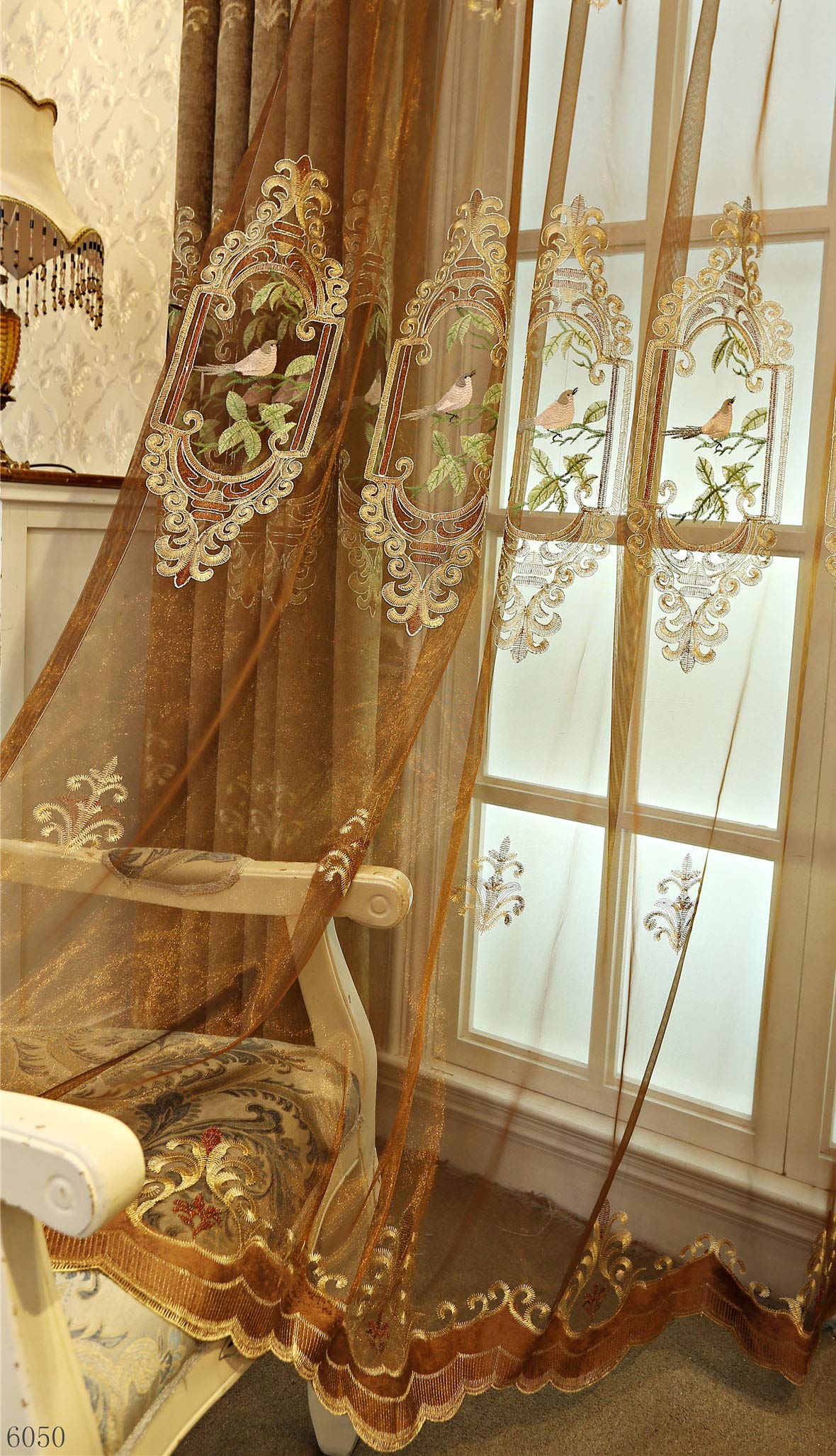 SLOW SOUL 2 pcs. Oiseaux brodés Rideaux pour Salon Chambre à Coucher Salle à Manger Rideaux Haut de Gamme avec Poche pour Tringle Marron Tulle 124 x 244 cm (l x h)