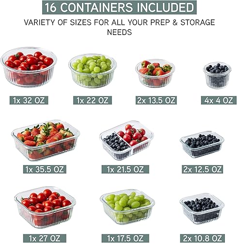 Miniatura 2 de COOK WITH COLOR Juego de recipientes de vidrio de borosilicato prémium de 32 piezas con divisores, 4 rectangulares, 8 redondos, 4 cuadrados, tapas a