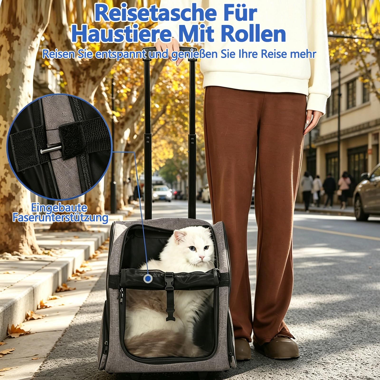 Galatée Reise-Rolltasche Für Haustiere, Oxford-Gewebe, Verstärkte Aluminium-Zugstange, Atmungsaktiv, Keine Montage Erforderlich, Faltbar Und Leicht Zu Verstauen, Geeignet Für Hunde Und Katzen (Grau)