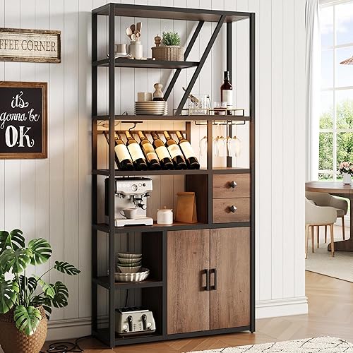 Miniatura 11 de GarveeHome Gabinete de bar de vinos con luces LED, estación alta de barra de café con tomas de corriente y estante de vino, soporte de microondas de