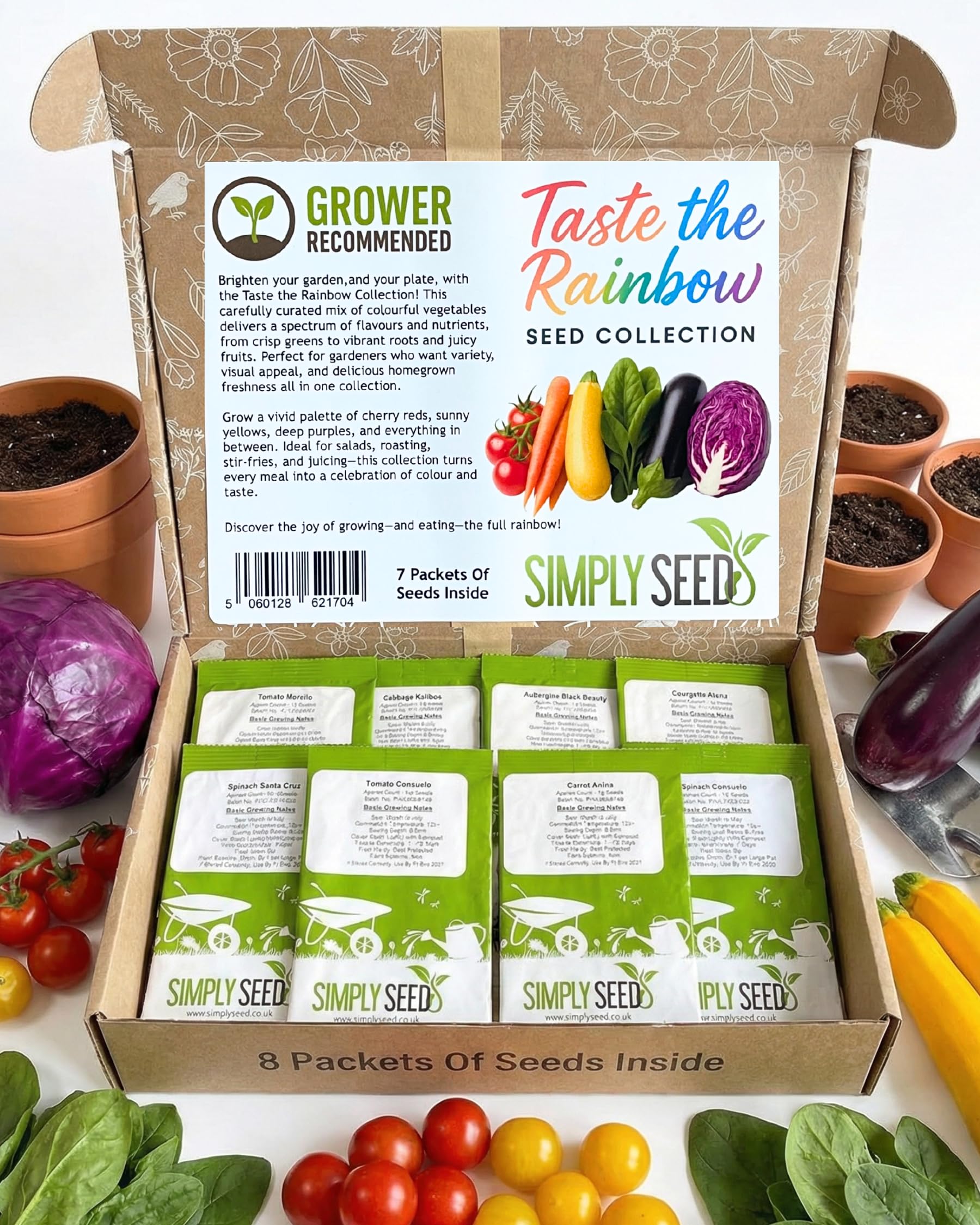 Simply Seed Taste The Rainbow Collection – 7 Colourful, Nutrient-Rich Veg Varieties. Includes Tomato, Spinach, Carrot, Courgette, Cabbage Kalibos & Aubergine – Grow Vibrant Produce at Home
