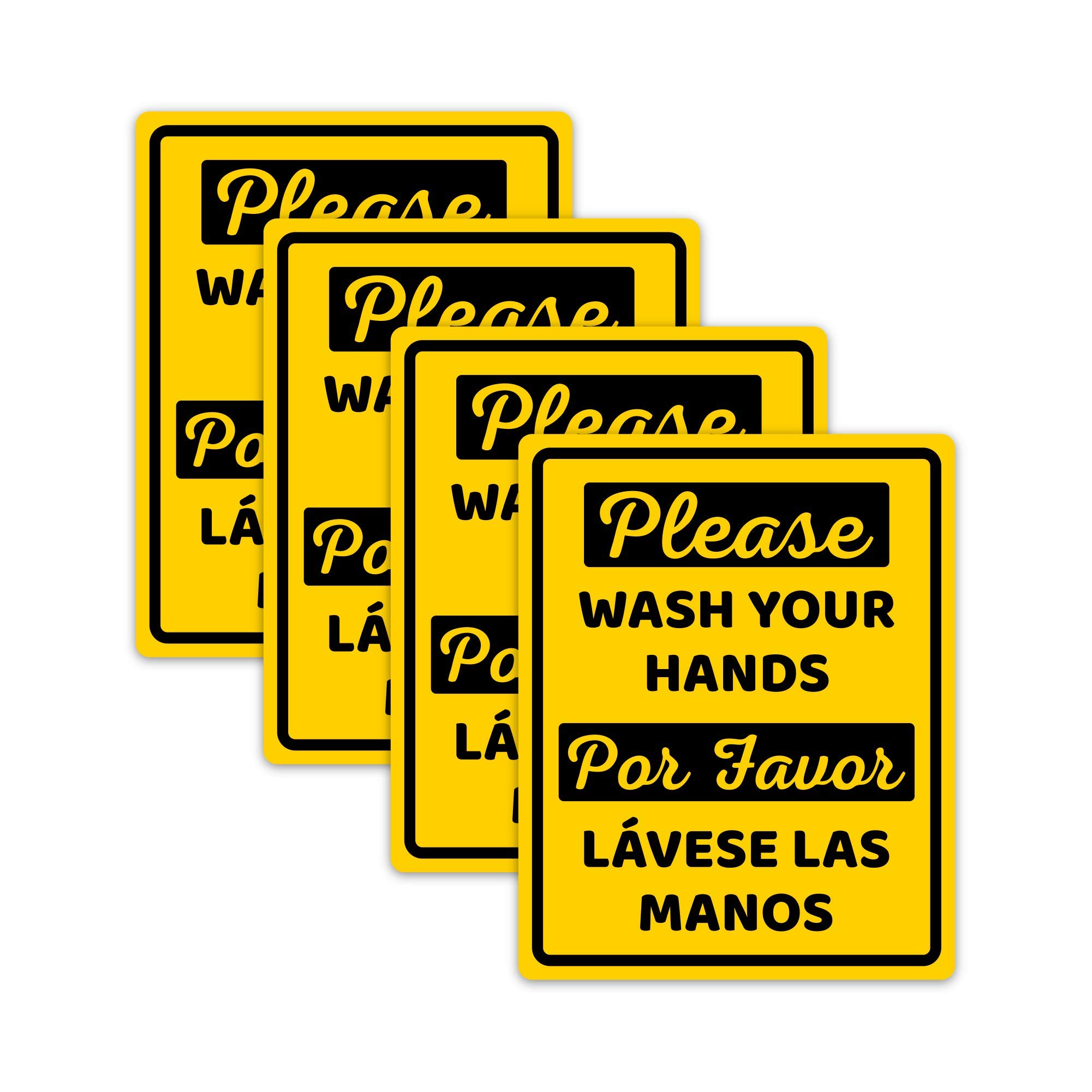 Hot4TShirts Please Wash Your Hands Sign 4 Pack — Vinyl Water Resistant Decals — Handwashing Bilingual Stickers for Bathroom (Yellow, 8"x10")