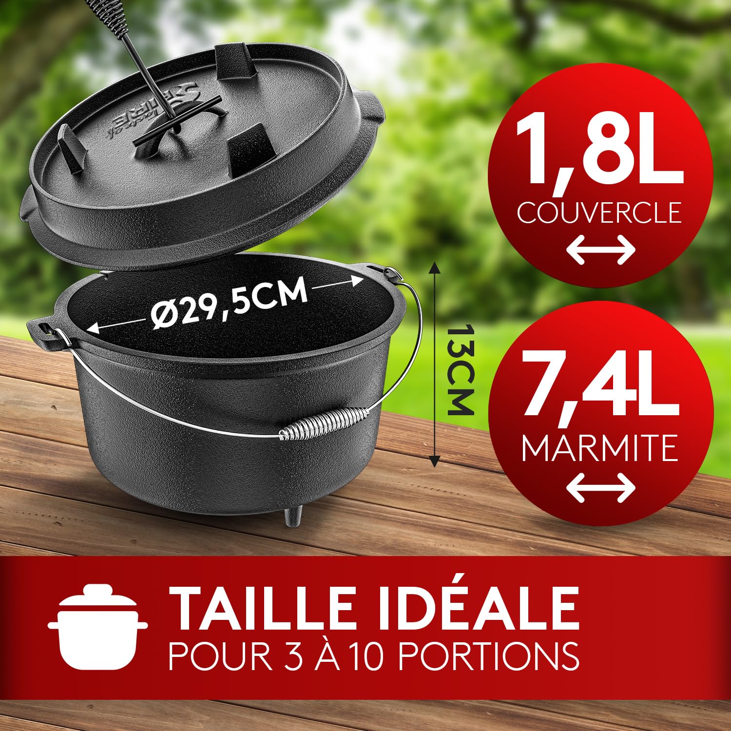 Taste of Fire L'Original Cocotte en Fonte Dutch Oven 7,4L avec Pieds Couvercle 1,8L Double Fonction Poêle à Griller Lève-Couvercle