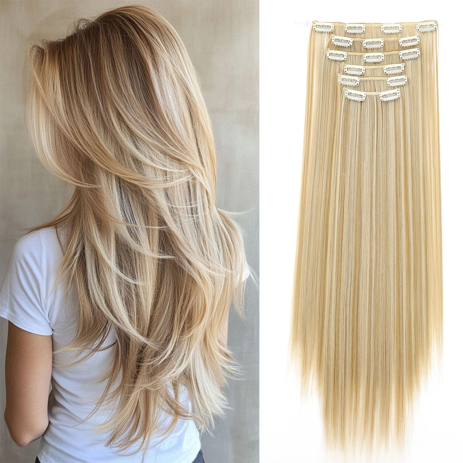 Cybelleza Extension Capelli Clip Lisci 65cm 6PCS Clip in Hair Extension per Capelli Sintetici Lunghi Finti Allugamento Effetto Naturale Dritti Full Head Posticci per Donna, Bionda naturale & bionda
