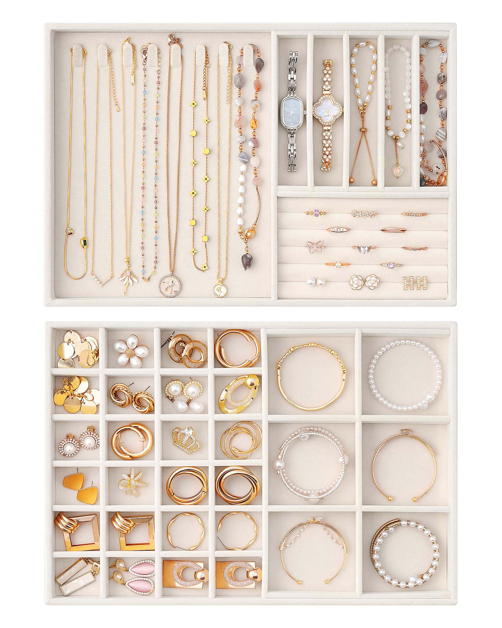 Lolalet Insertos para Cajón de Joyas, Bandejas Apilables de Terciopelo, Juego de Organizadores y Expositores para Collares, Pulseras, Aretes, Anillos, Cadenas, Brazaletes, Relojes - Beige, Juego de 2