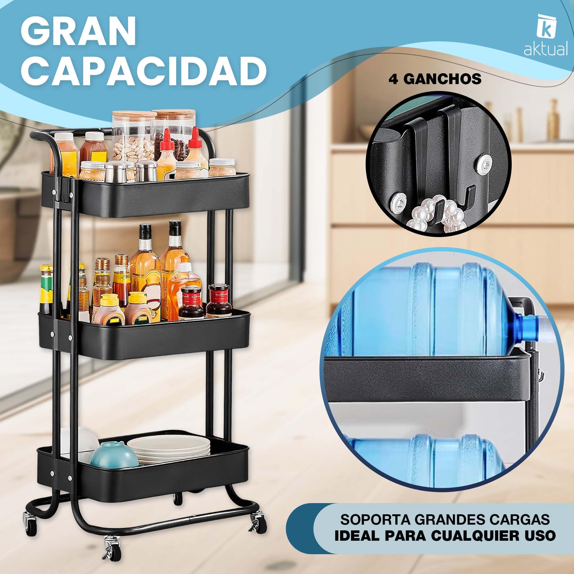 Carrito Auxiliar con Ruedas, Carro Organizador almacenaje con 3 Ganchos, 42x36x86cm. Ideal para baño, Cocina, salón, Oficina y estetica. Color Blanco.