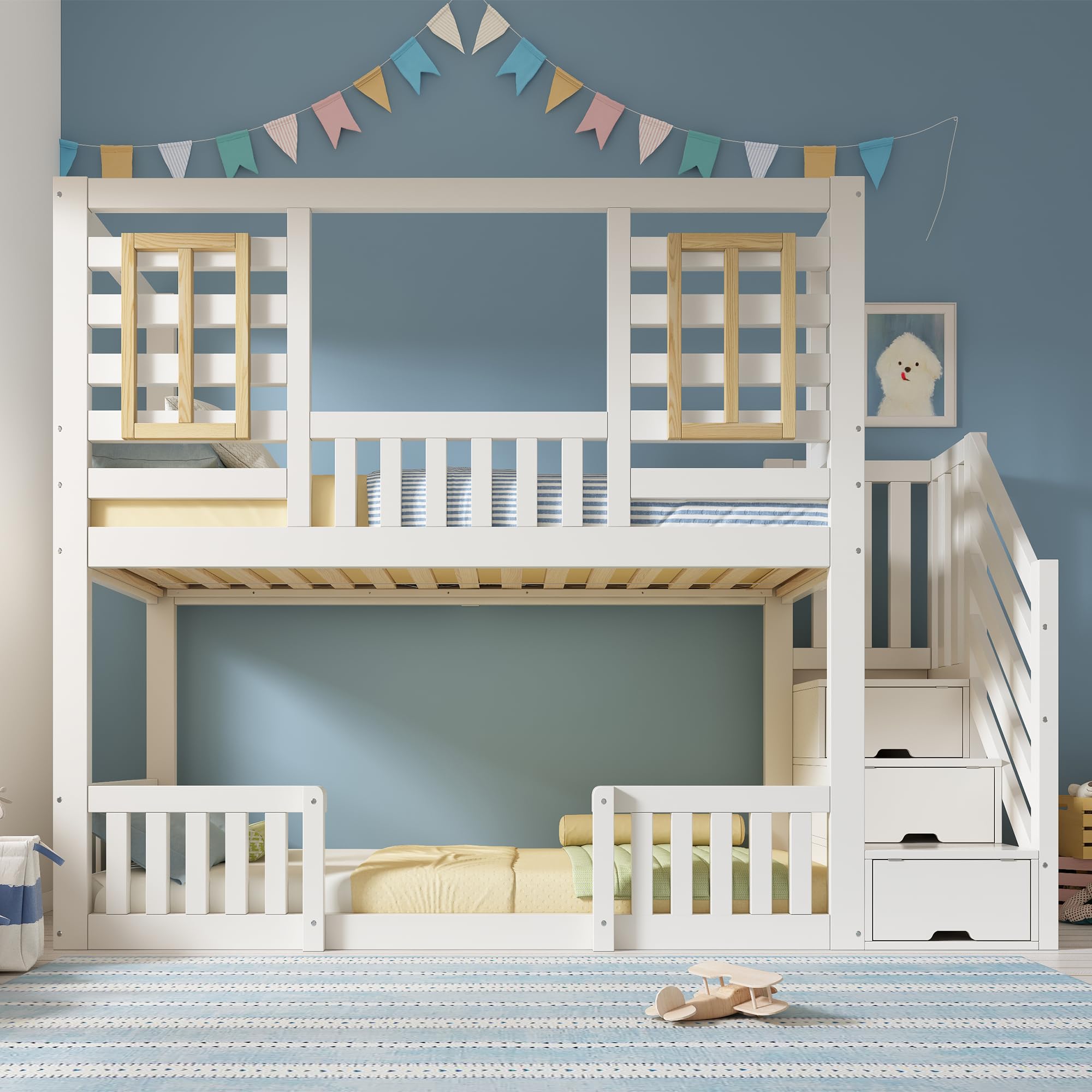 Etagenbett 90x200 cm mit Treppe Stauraum und Fenster, Kinderbett mit Geländer, Hochbett mit Weiß im Hüttenstil, Stauraumbett, Holzbett, Weiß-D(Ohne Matratze)