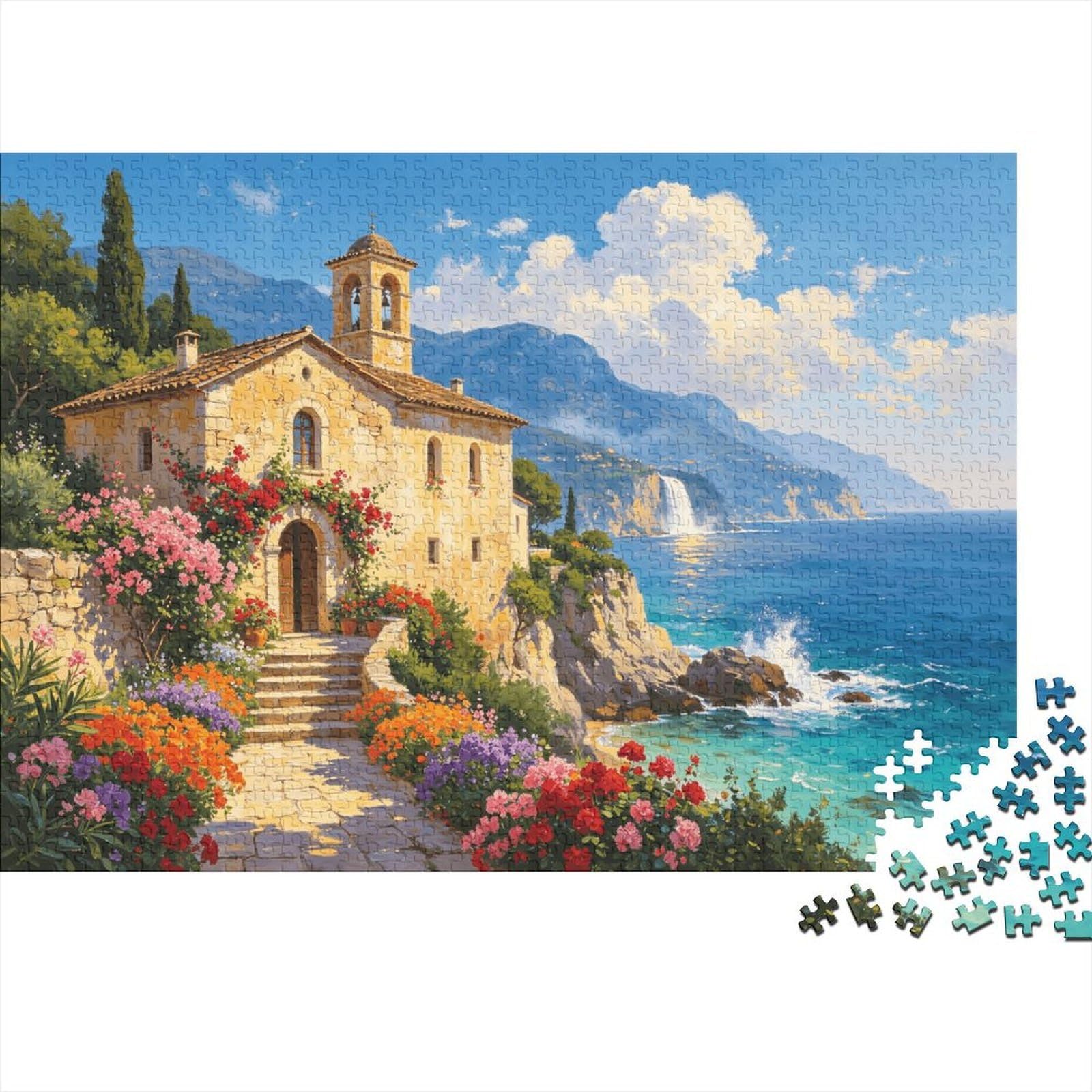 Mediterranean Chapel 1000 Piece Jigsaw Puzzles Recycled Cliffside Coastal Senior Puzzles Family Gaming Time Props Party Game Props for Adults And Age 10 Up 52x38cm/1000pcs