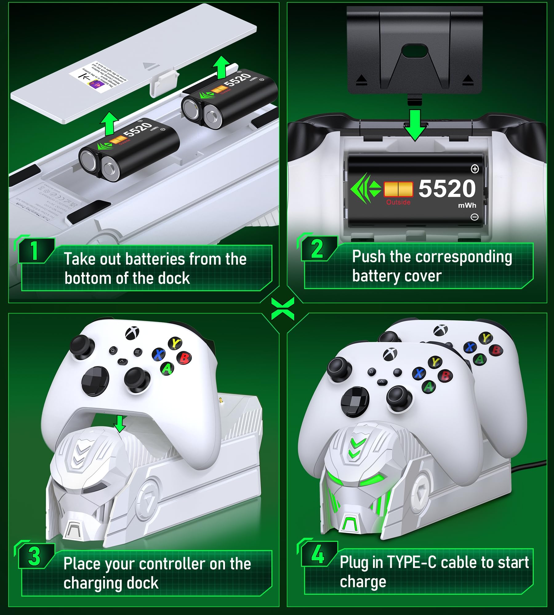GAMSINGY Lot de 2 batteries pour manette Xbox One/Xbox Series X&S, 2 x 5520 mWh, station de charge compatible avec Xbox One S/X/Elite, Xbox Series X/S, autonomie de 25 heures A101
