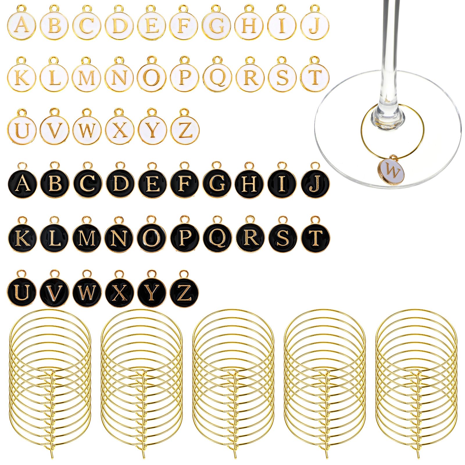 RAHHLIZS 52 Pieces Letter Glass Charms, Alpha Wine Glass Marker Charm for Stem Glasses Drink Black White Alphabet Markers Wines Glass Rings for DIY Party Decorations