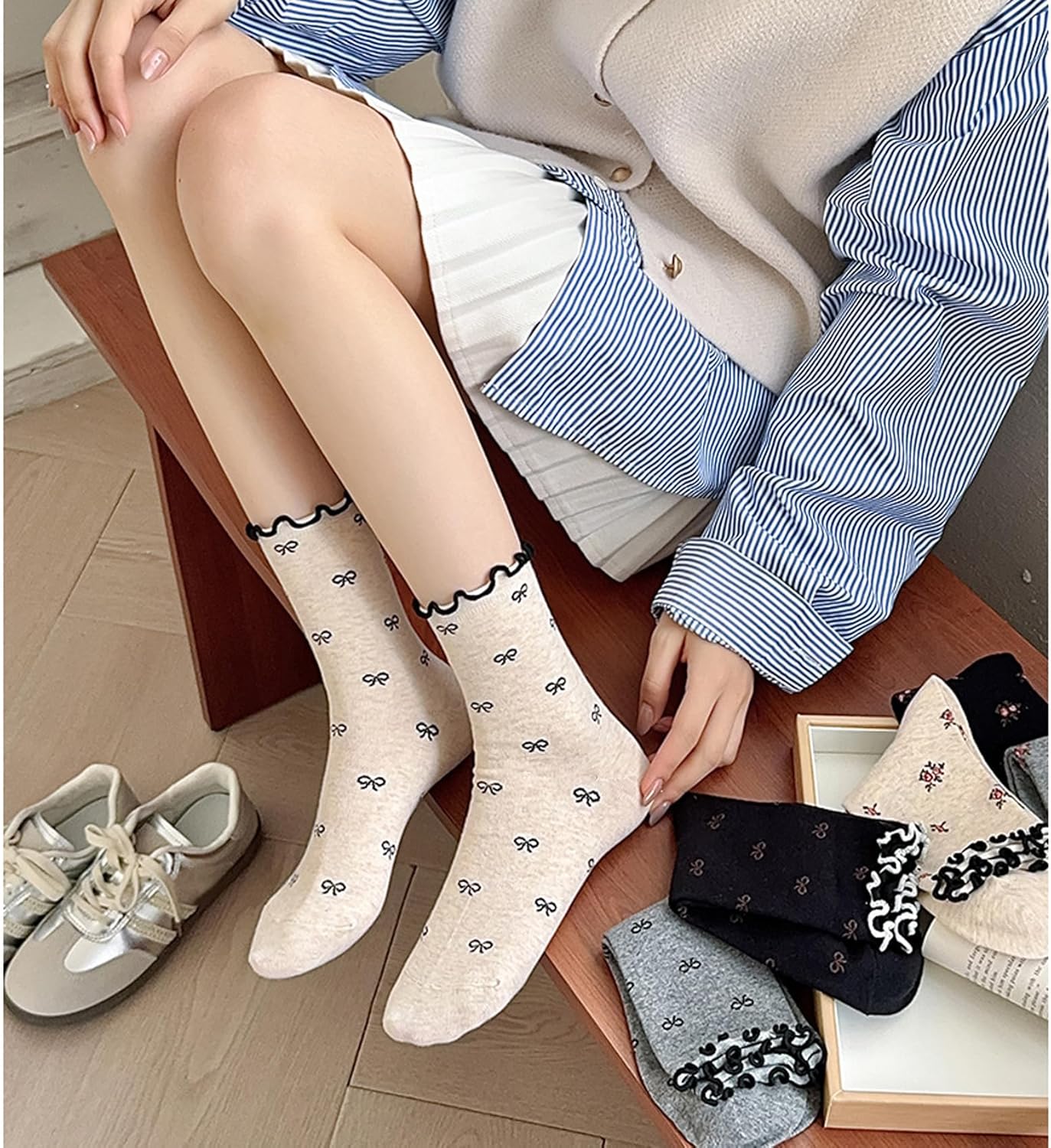 Starella Women Ruffle Frilly Socks Cute Bow Floral Lettuce Crew Dress Sock - Image 6