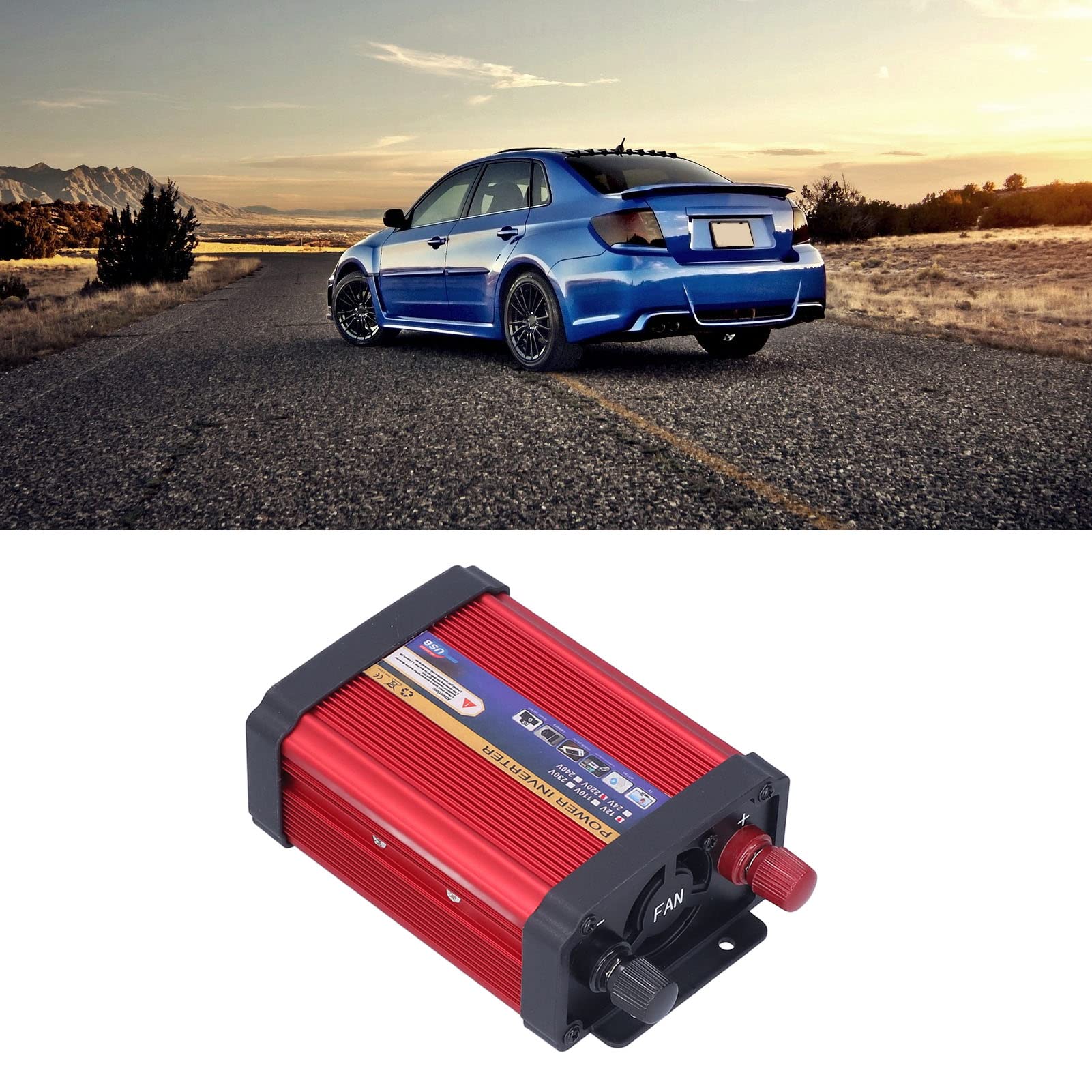 Wechselrichter, modifizierte Sinuswelle, 500 W, Auto-Stromrichter, Zwei USB-Anschlüsse mit Wechselstrom-Steckdose für Urlaub, Camping, Reisen, rote Aluminiumlegierung