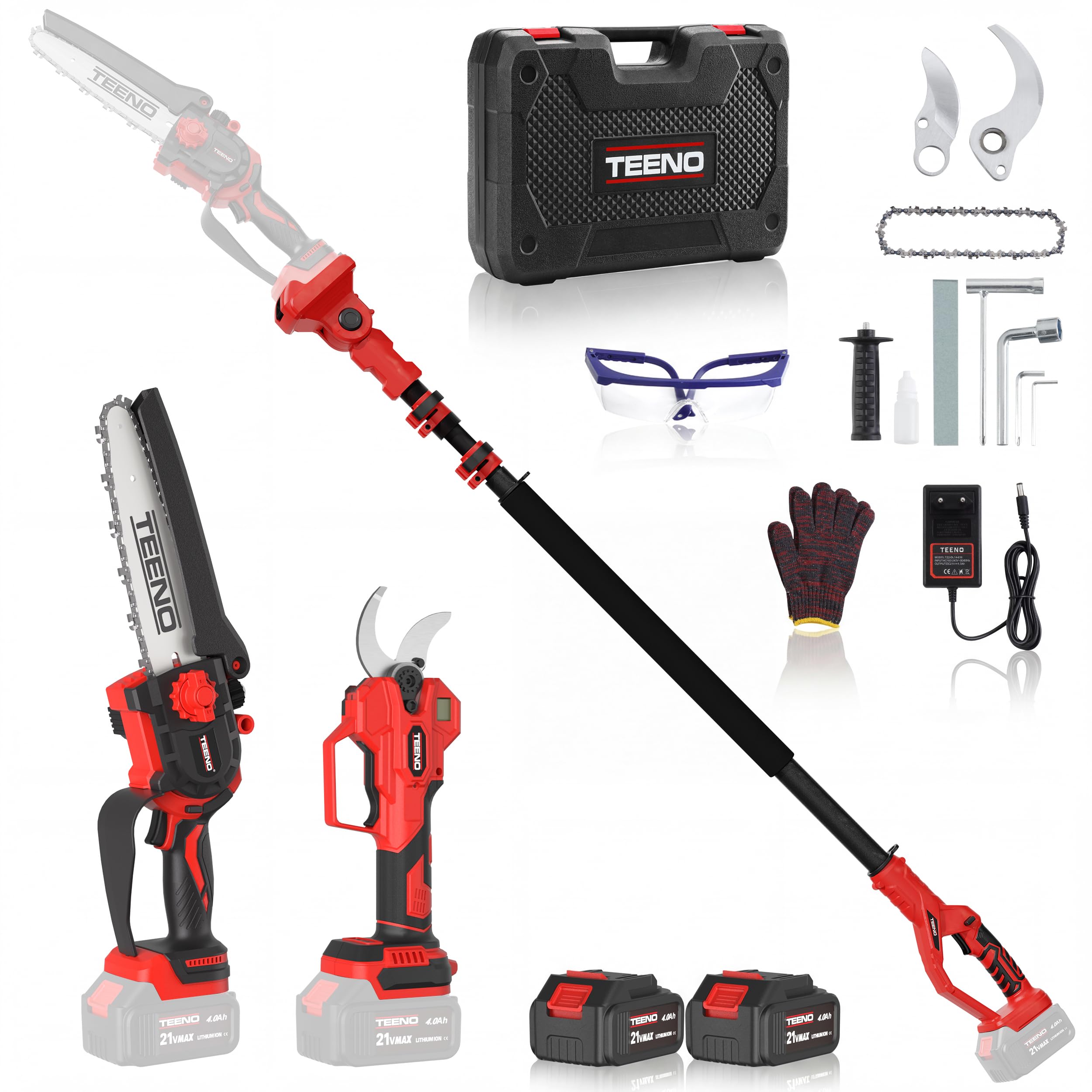 TEENO Mini Motosierra Telescopica 6 Pulgadas & Tijeras de Podar Eléctricas 40mm, 4 en 1 Kit de Herramientas de Jardín con 2 * 4000 mAh Baterías, Alcance hasta 2,8 m