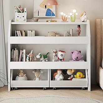 Toy Storage Organizer, 3 Tier Montessori Shelf with Movable Bins, Toy Organizers Book Shelf for Kids Room, Playroom, Nursery (White)