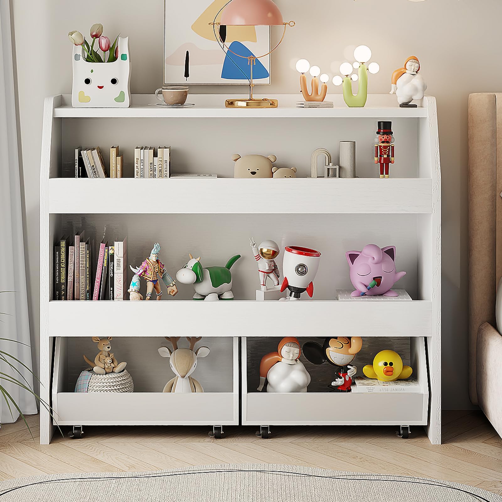 Toy Storage Organizer, 3 Tier Montessori Shelf with Movable Bins, Toy Organizers Book Shelf for Kids Room, Playroom, Nursery (White)