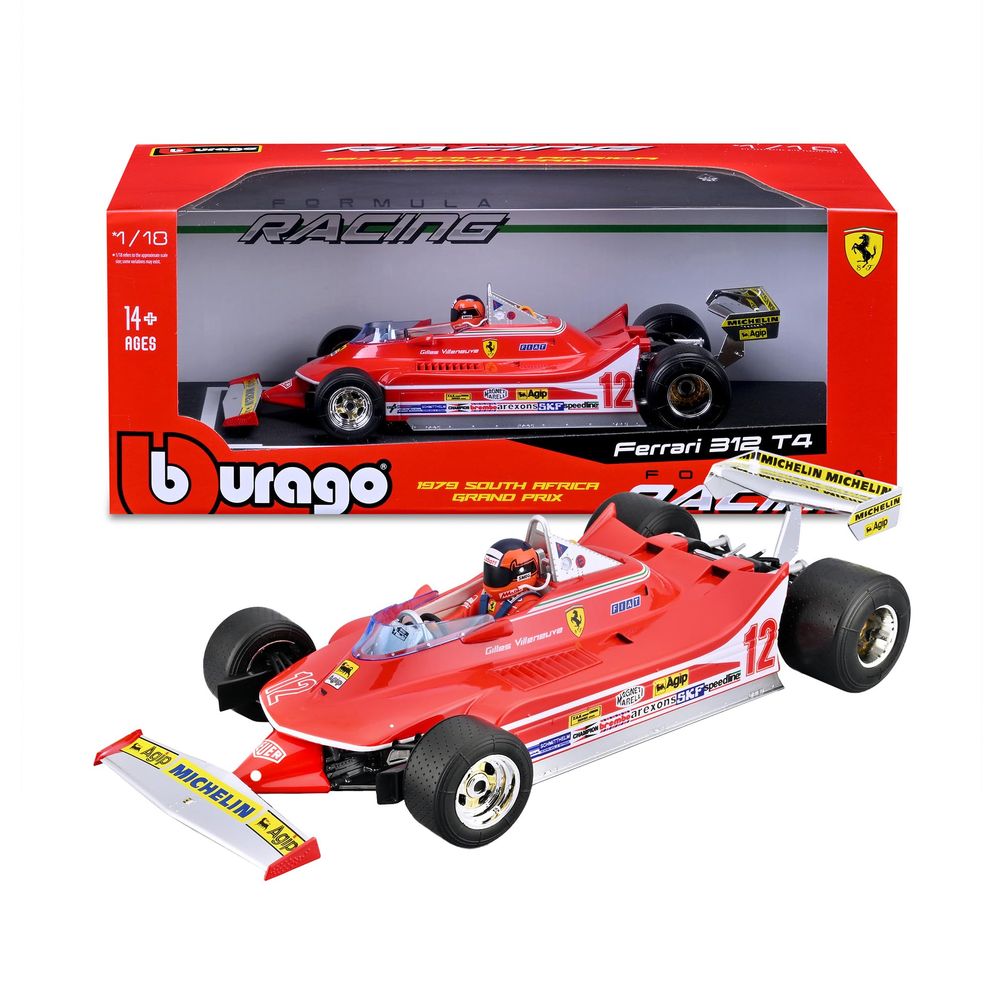 Bburago - Ferrari 312 T4 GP South Africa Winner 1979#12 Gilles Villeneuve, Modellino Auto in Scala 1:18, Replica Storica con Pilota, Dettagli Curati, Licenza Ferrari, Età Consigliata 14+ Anni