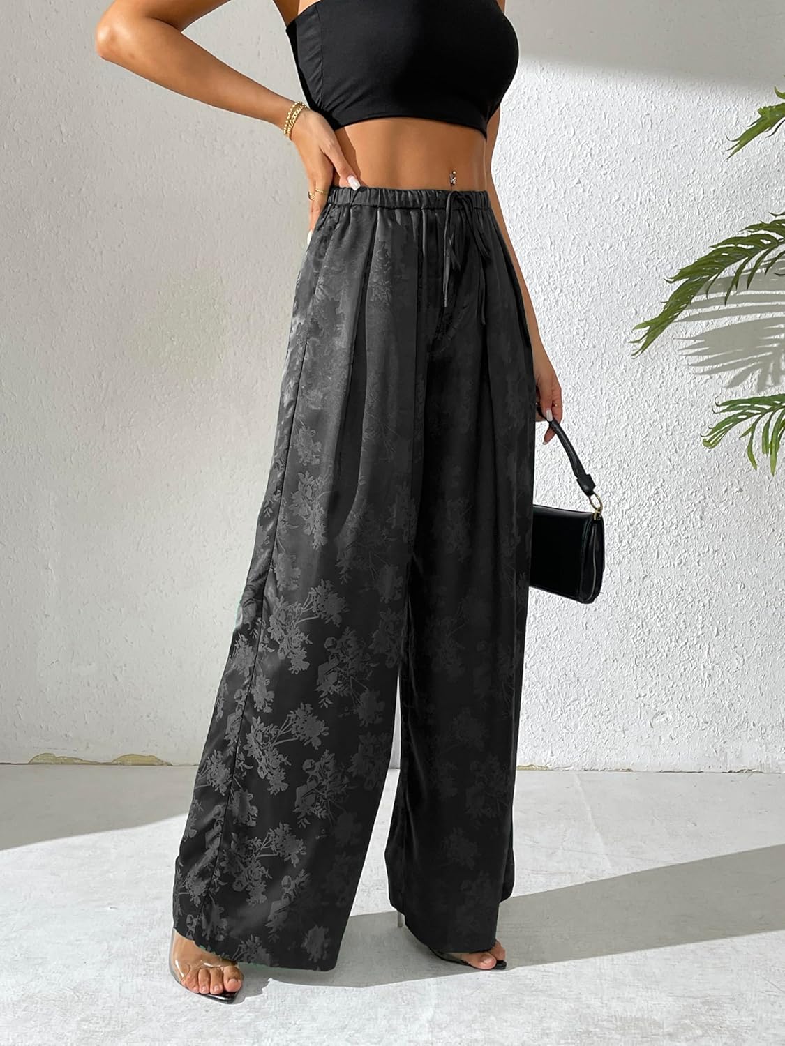 Women's Satin Wide Leg Pants Floral Textured Silky Casual Slacks High Waist Pants - Image 2