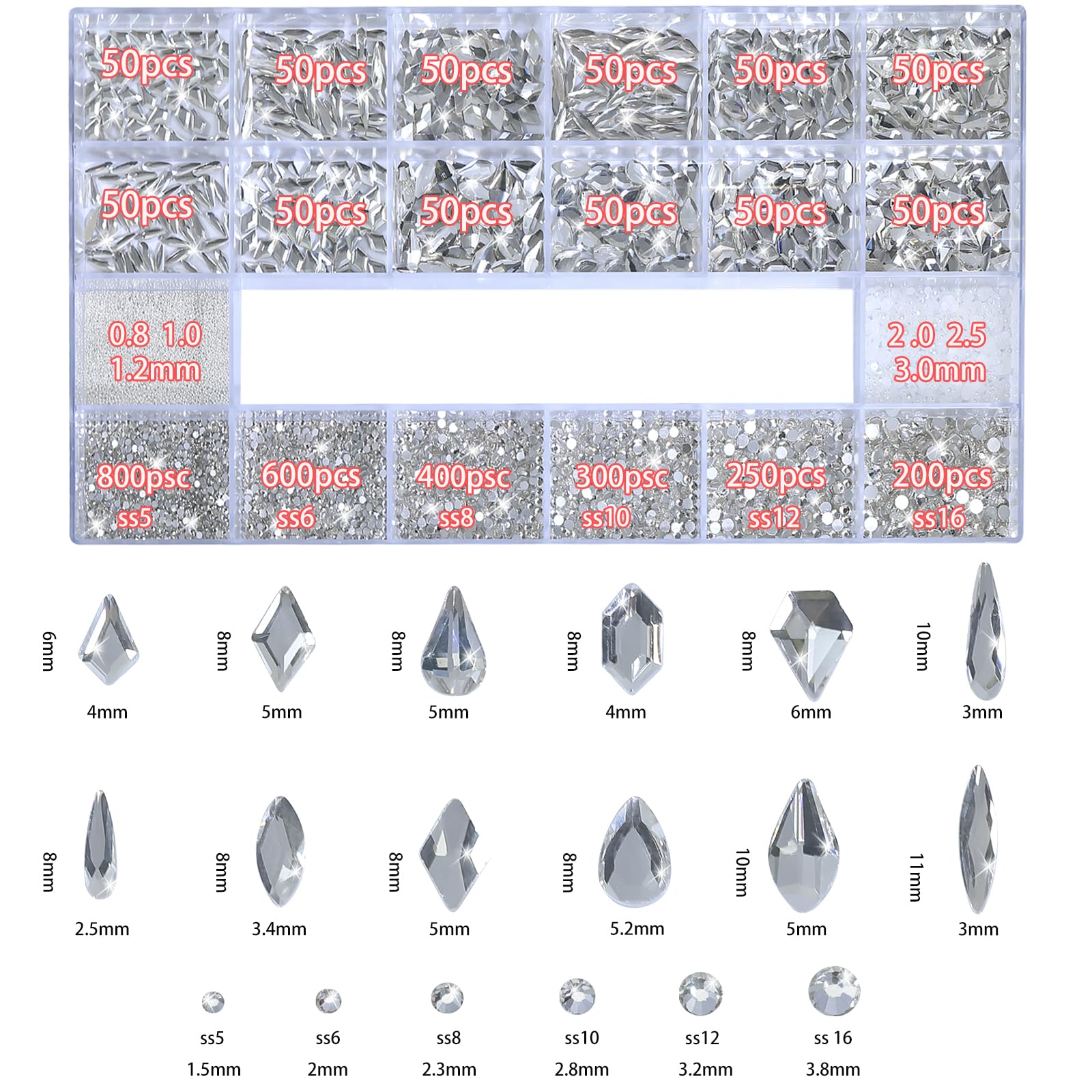 Strass bianchi per unghie, gemme 3D di varie forme, perline per manicure, perle, strass con retro piatto, con kit, per decorazione nail art