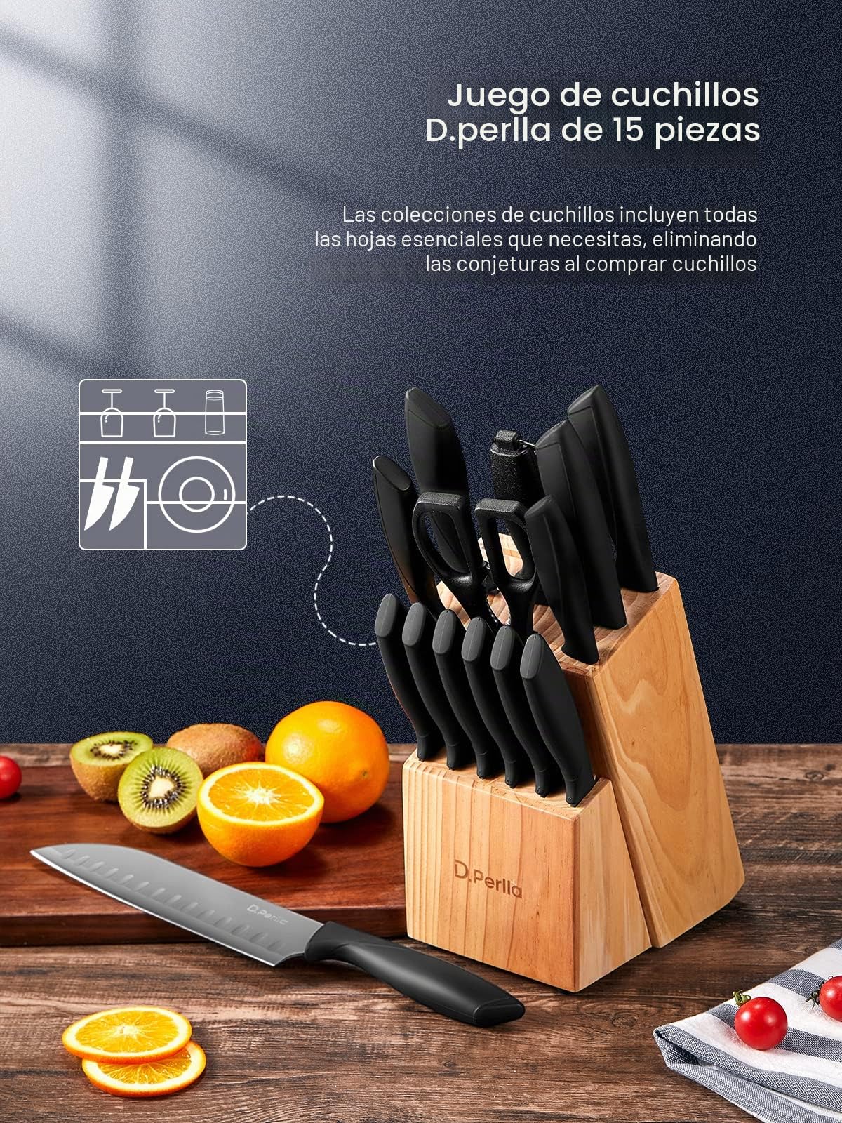 D.Perlla Juego de Cuchillos de Cocina, 15 Piezas Negro Revestimiento Antiadherente Set Cuchillos Cocina, Acero Inoxidable de Alto Carbono, Afilado y Antioxidante, con Bloque de Madera