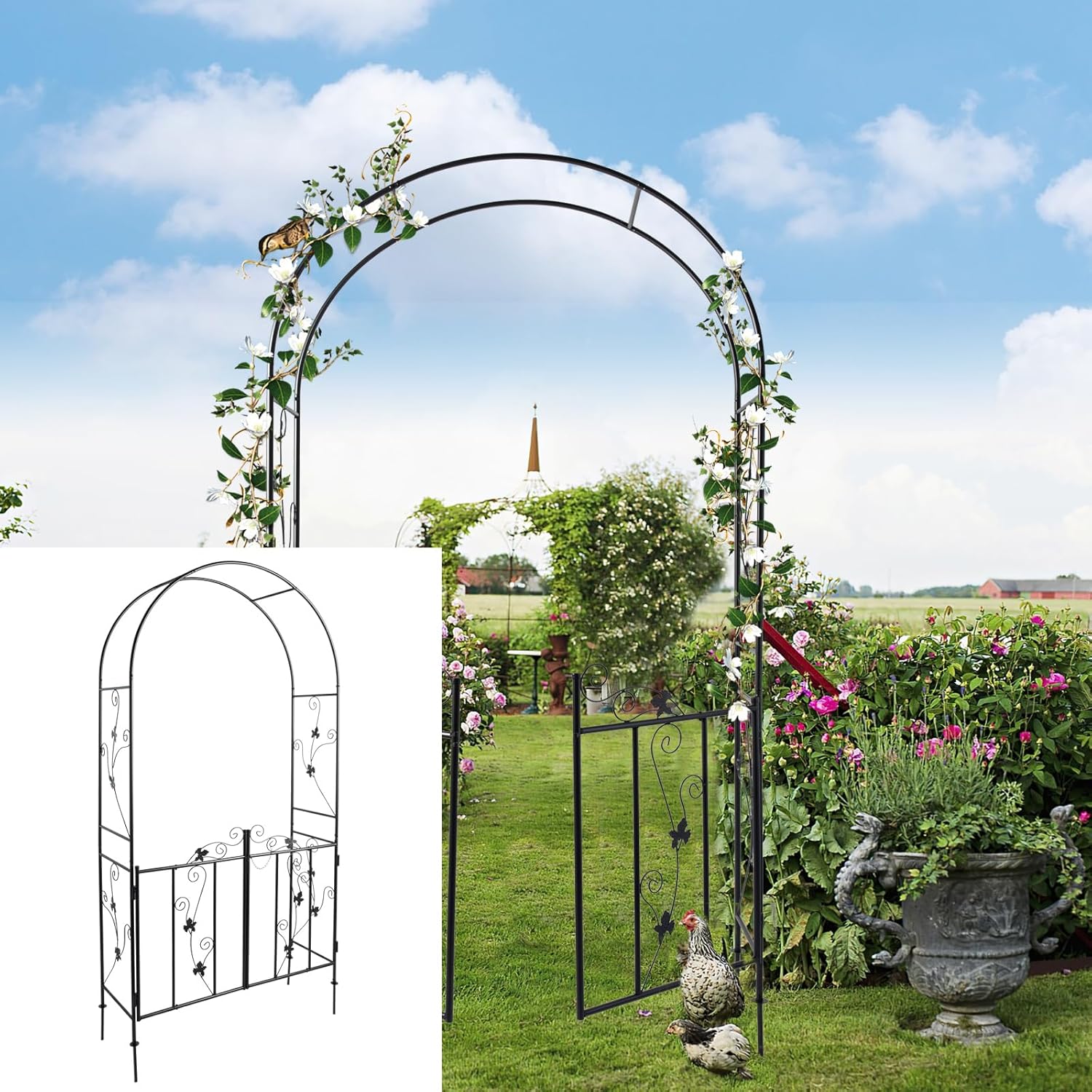 Metal Garden Arch with Gate - Elegant Trellis Archway for Climbing Plants, Wedding Arbor with Door, Perfect for Outdoor Party Decorations and Ceremonies