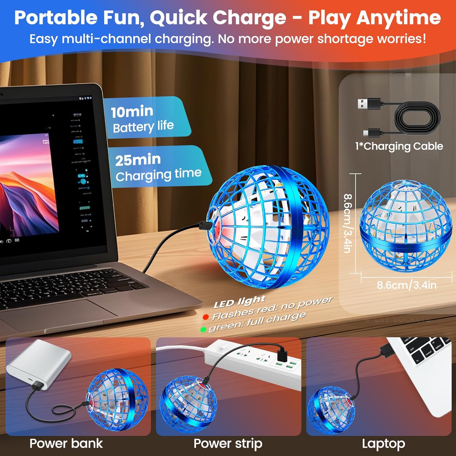 Flying Orb Ball Toy, 2026 Upgrade Hand Controlled Hover Ball with LED Lights, 360° Rotating Boomerang Globe, Cool Mini Drone, Ideal Birthday&Christmas Gift for Boys Girls-Blue & Red