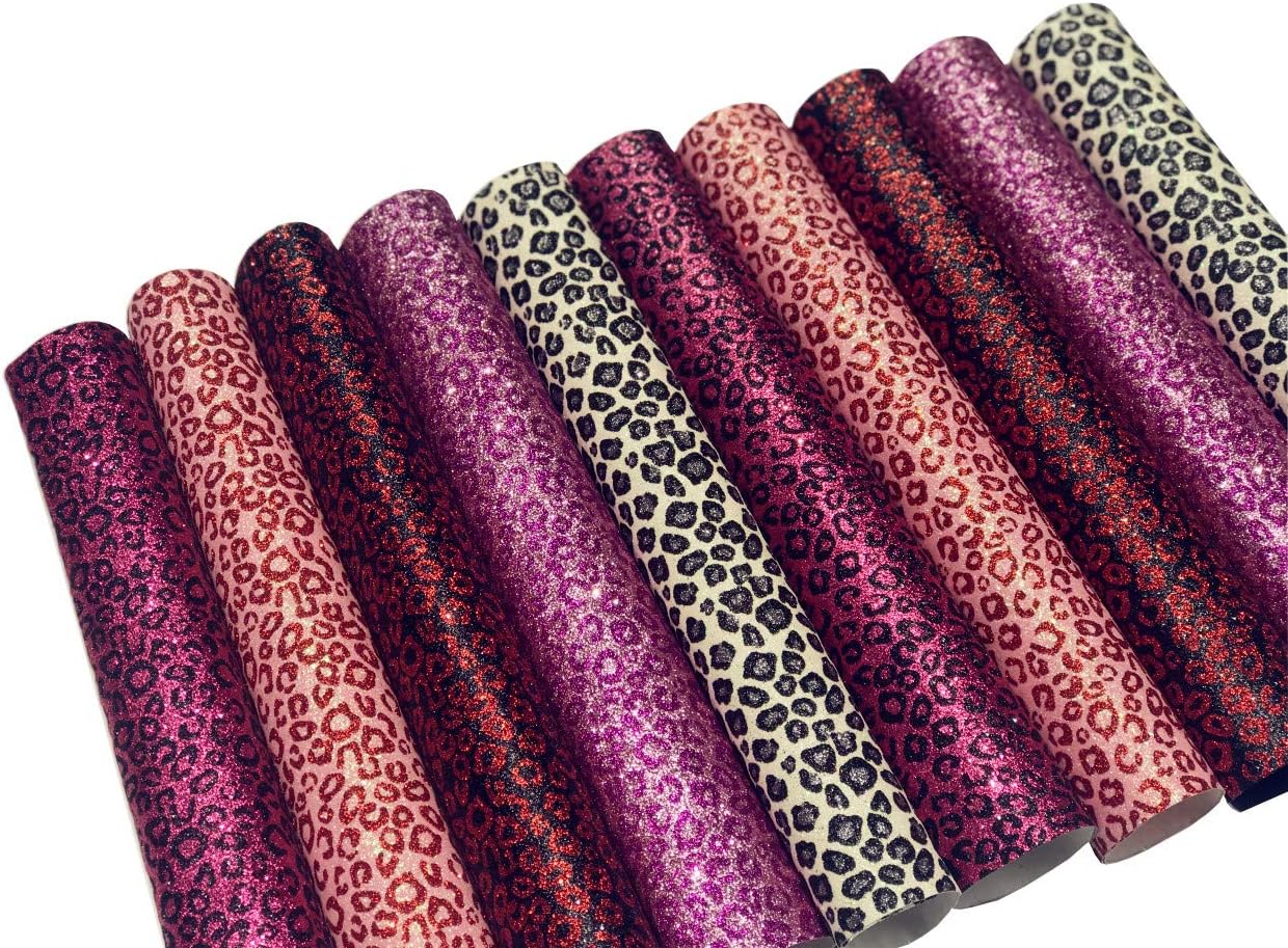 Faux Leather Sheets Superfine Glitter Leopard Synthetic Leather Fabric Sheet 10 Pieces for Hair Bow Handbag Making DIY Projects (Pattern A)