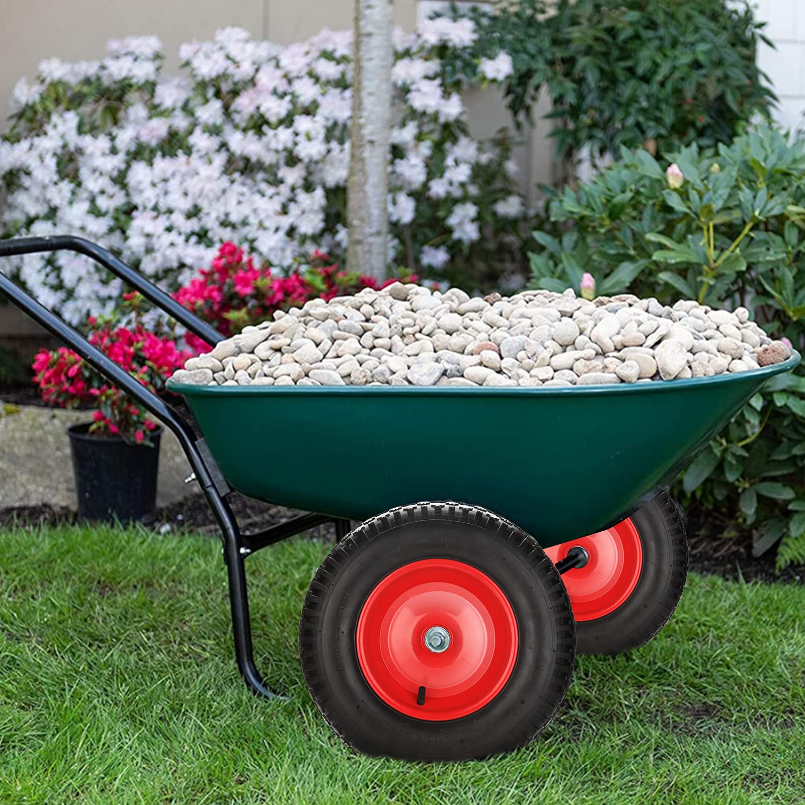 Koło do taczki pneumatyczne z osią, 4,80/4,00-8 Ø 390 mm 200 kg wraz z osią, koło zapasowe do taczki, odporne na przebicie, koło poliuretanowe, wózek ogrodowy, zestaw 2 sztuk