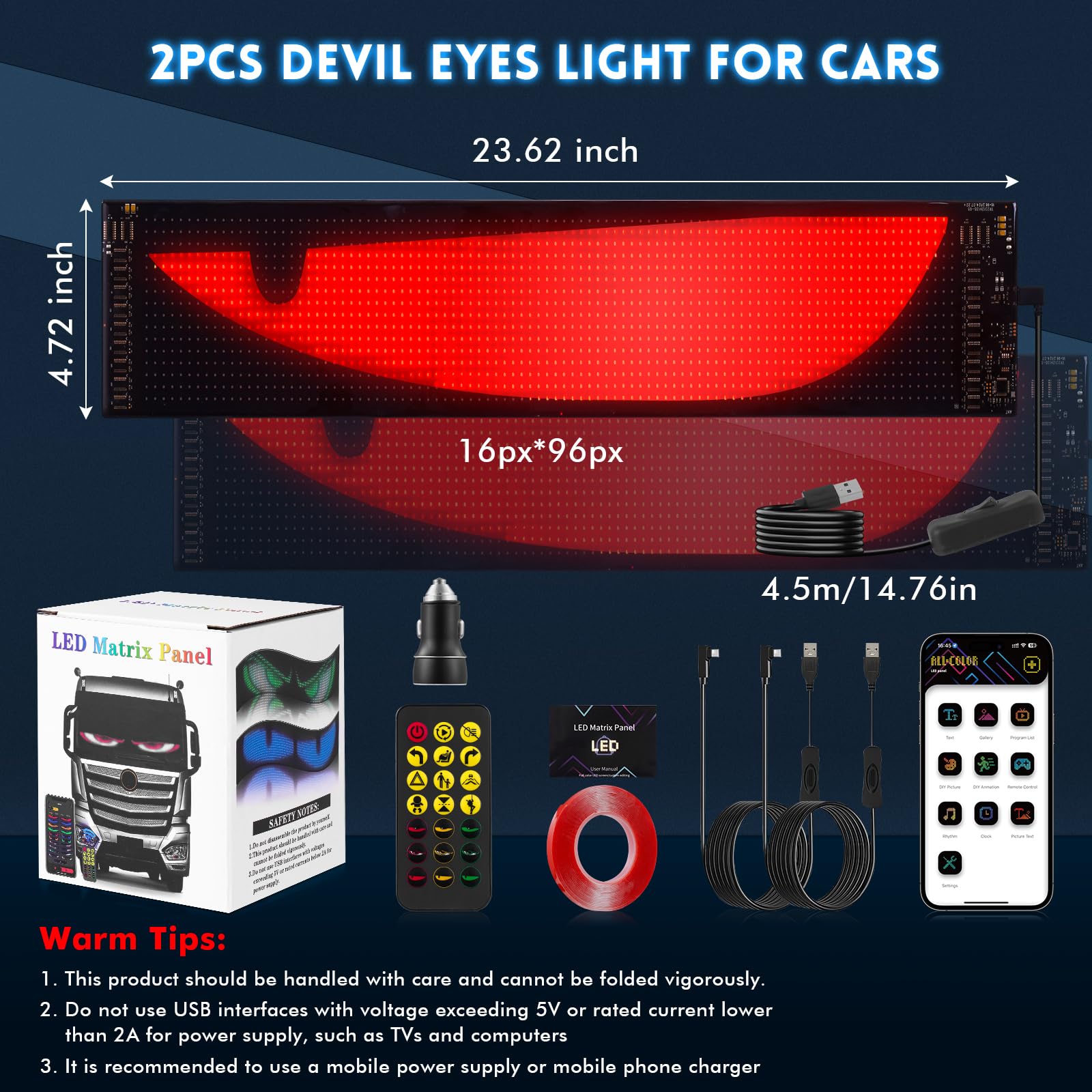 2 Stück Flexibles LED Augen für Auto, 23,6" Devil Eyes LED-Schild, Programmierbares LED Display mit App und Fernbedienung, für Auto Windschutzscheibe LKW Laden Bar