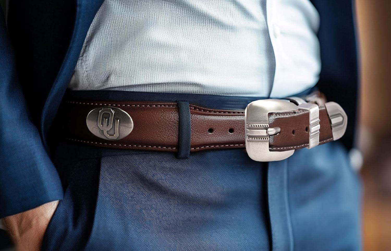 ZEP-PRO NCAA Oklahoma Sooners Men's Braided Leather Belt – Full Grain Brown Strap With Emblem Conchos – 1.25" Wide Collegiate Accessory With Silver Tip, Size 40