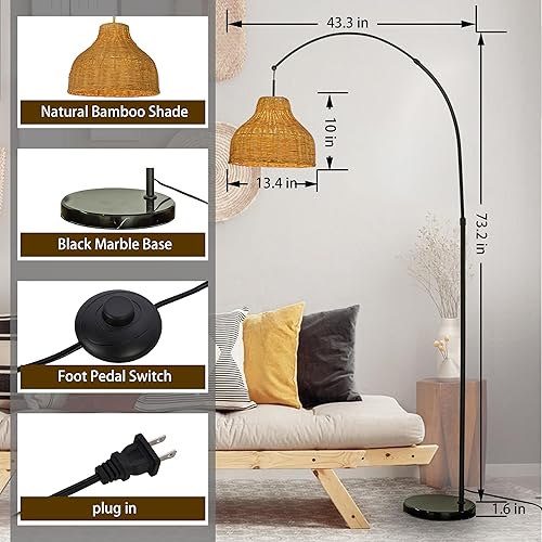 Miniatura 4 de Lámpara de pie de arco negro mate de 75 pulgadas con pantalla de ratán marrón y base de mármol, lámpara de pie de ratán para sala de estar, comedor