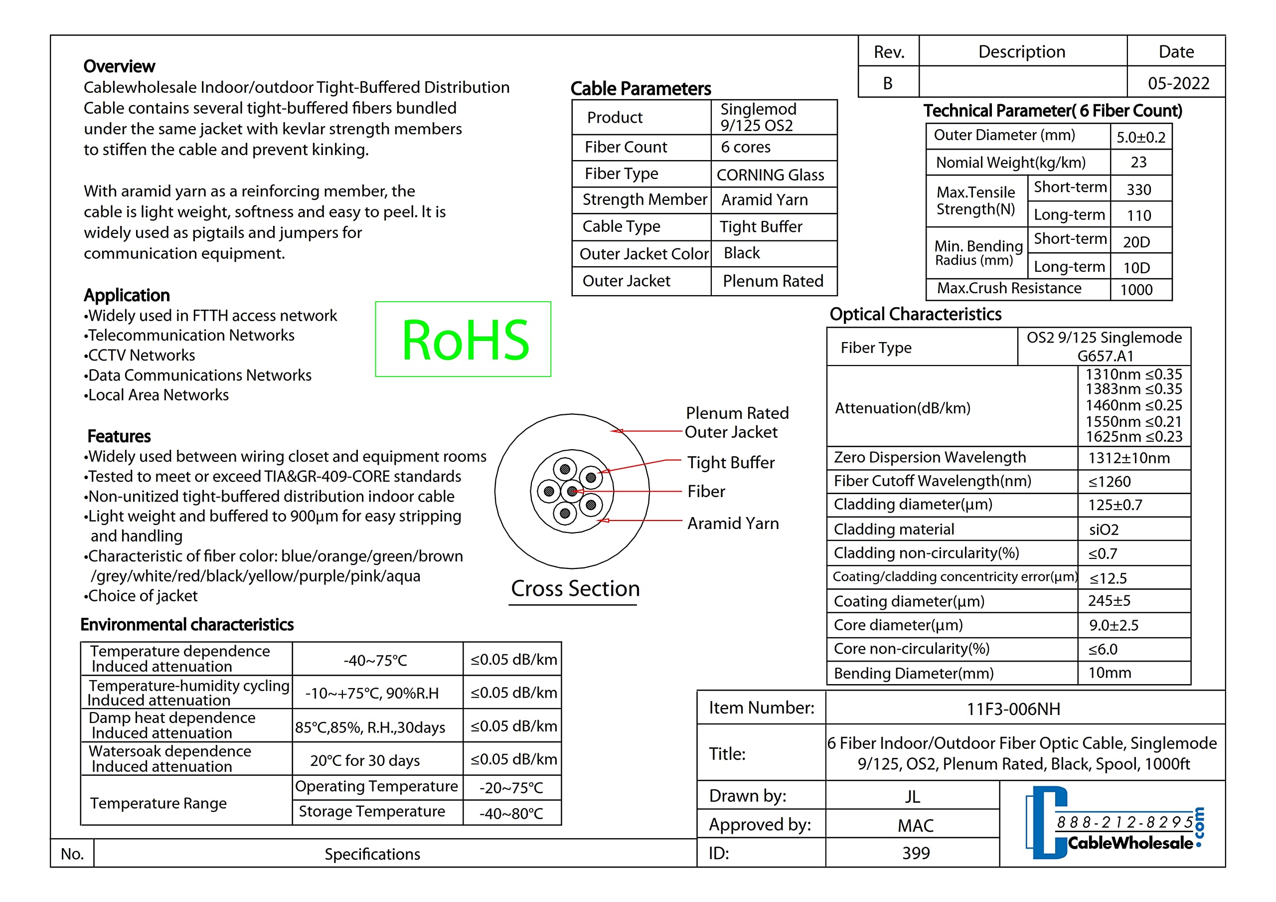 Plenum 6-Strand Fiber Optic Cable, OS2 9/125 Singlemode, Corning, Indoor/Outdoor Use, Black Spool 1000ft