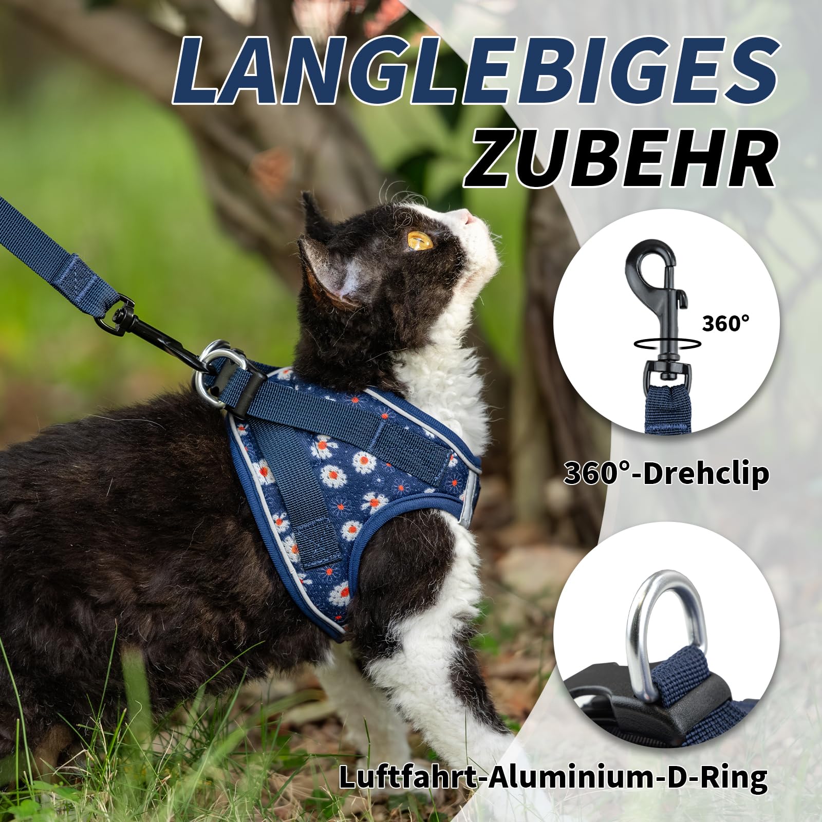 Arblina Katzengeschirr, Weich & Atmungsaktives Katzengeschirr-Set mit Reflex, Leichtes Katzengeschirr Ausbruchsicher mit 1,5m KatzenLeine, Blau S
