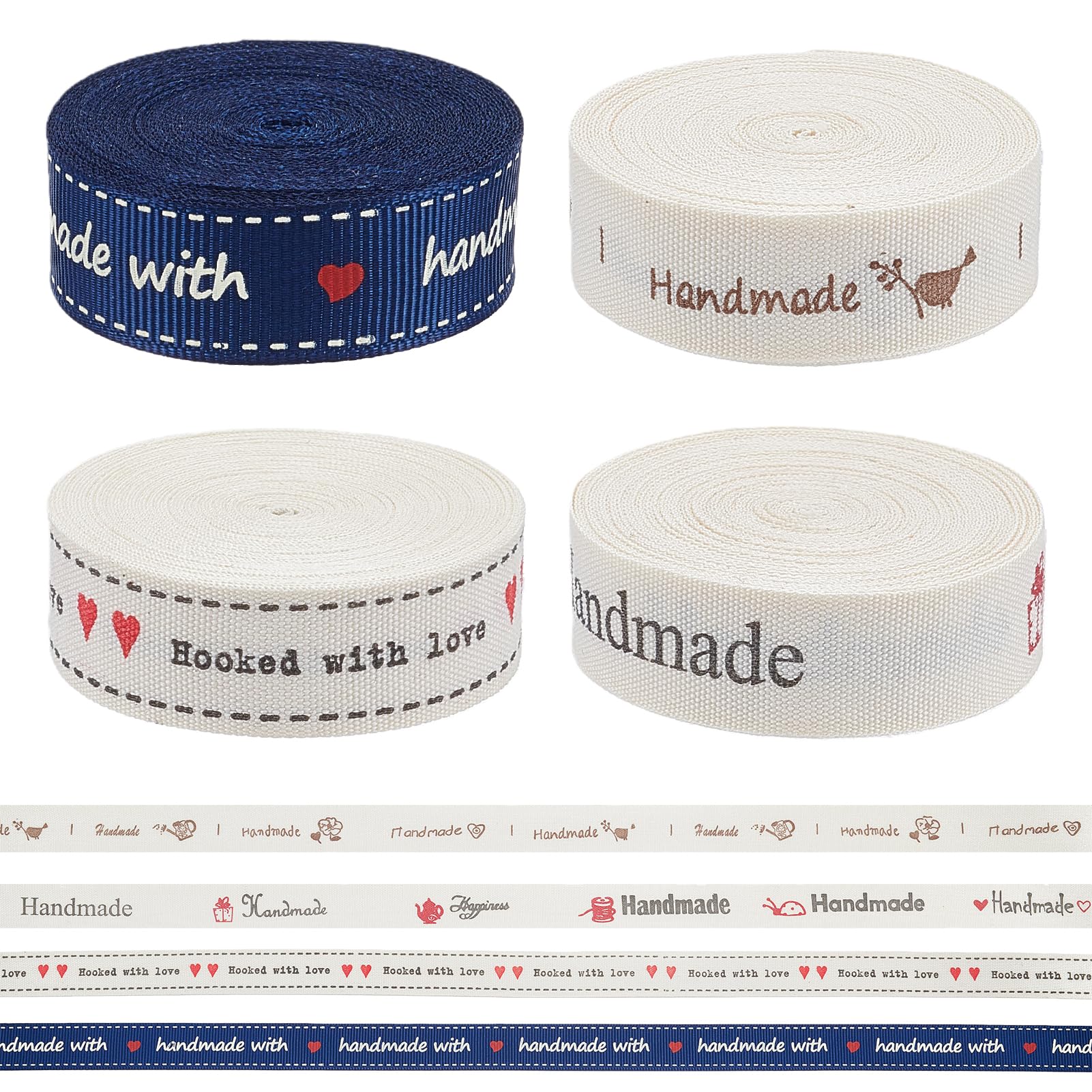 letsinstyle 4Pcs 20 Yards Cartoon Printed Cotton Ribbon, 0.59 Inch Handmade with Love Printed Twill Tape Ribbons, Sewing Accessories for DIY Craft Floral Wrapping Valentines Wedding Decoration