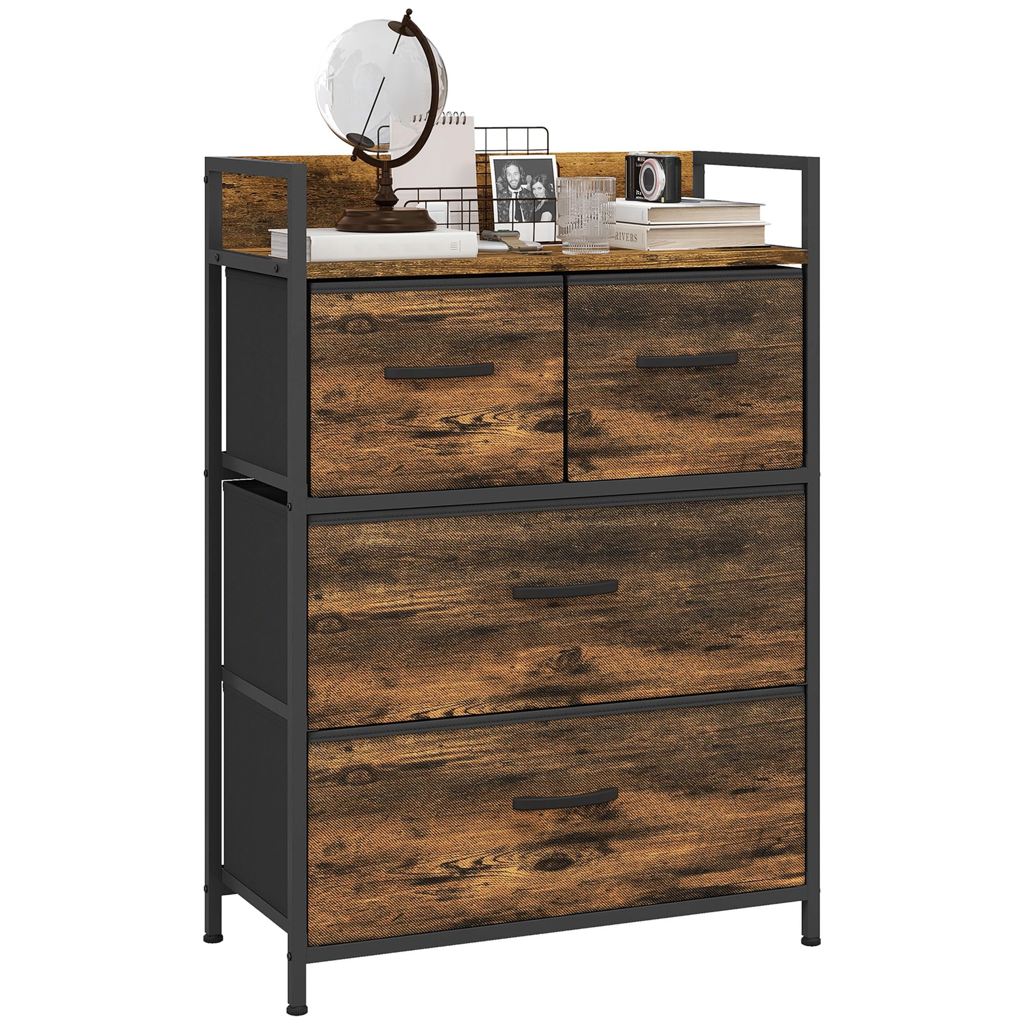 HOMCOM Chest of Drawers, Bedroom Fabric Dresser with 4 Drawers, Storage Organiser Unit with Open Shelf and Metal Frame for Living Room, Entryway, Rustic Brown